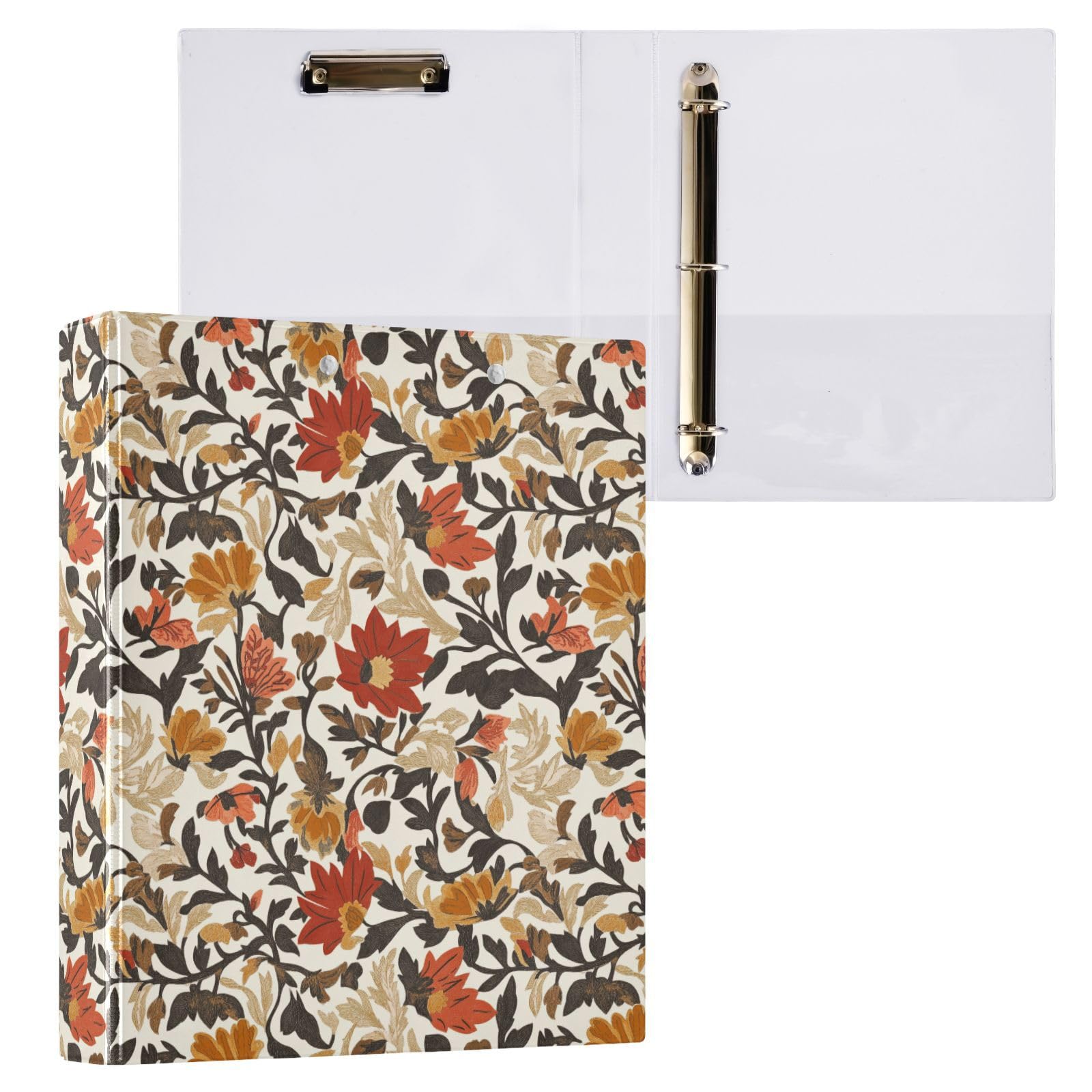 Raccoglitore a 3 anelli vintage shabby autunnale con motivo floreale, 3,8 cm, decorativo, con portablocco e 3 tasche trasparenti, può contenere 200 fogli di carta formato A4, impermeabile, per scuola