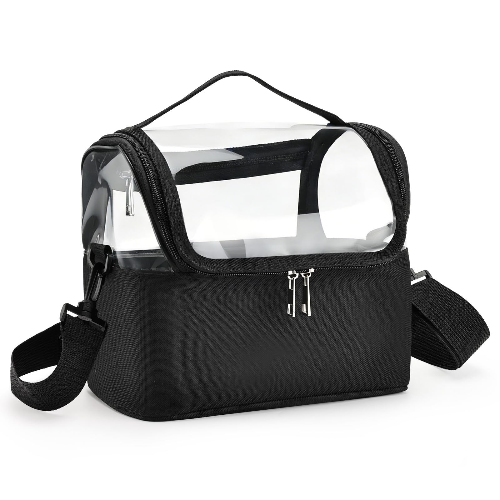 Joligrace Makeup Brushes Bag Cosmetic Tools Holder Case Beauty Box Hairdressing Tools Organiser Box with Strap and Removable Dividers, Clear