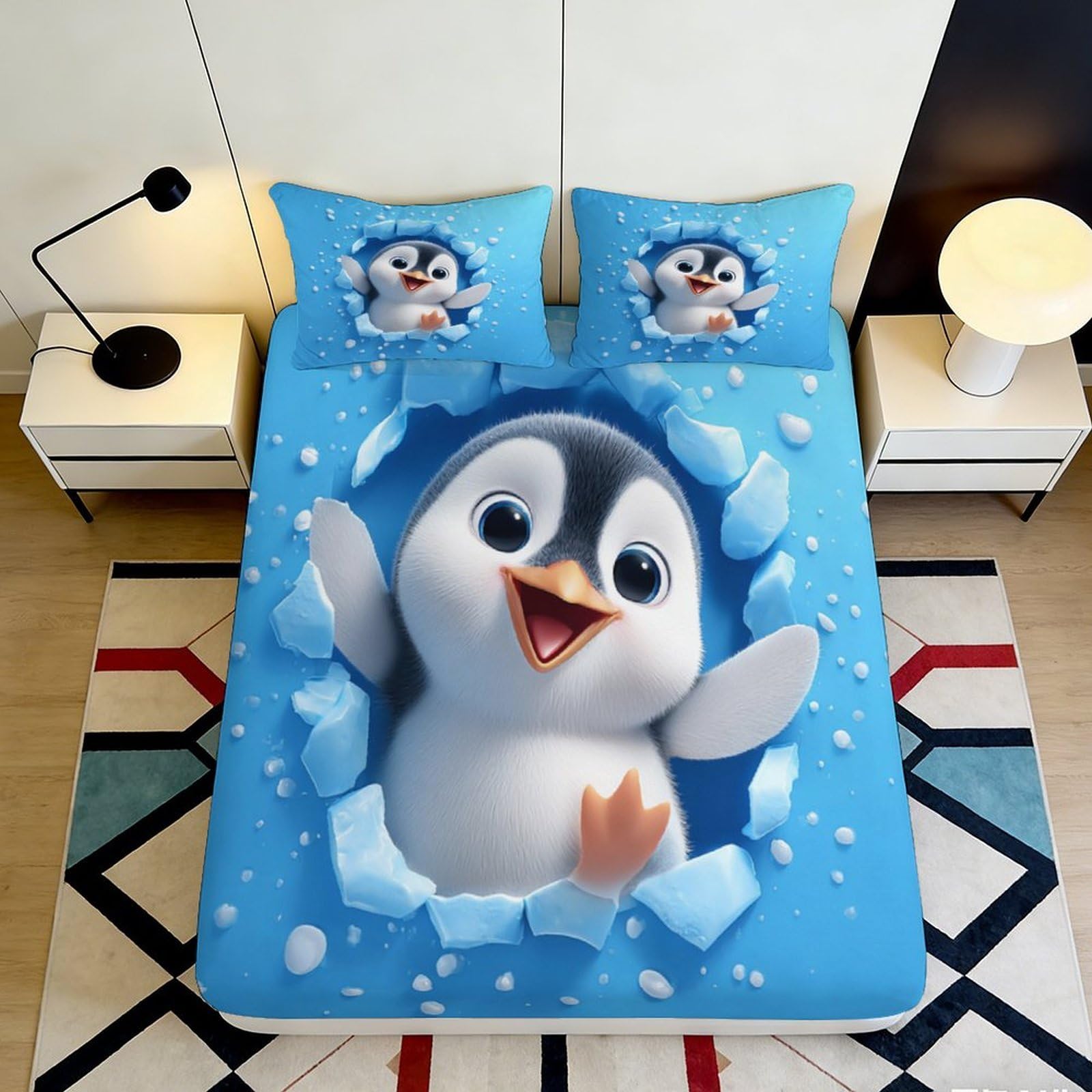 3D Printed Cute Penguin Fitted Sheet Microfiber Blue Cartoon Ice Bed Cover for Bedroom Guest Room Dorm Mattress Protection Decor 90x200x25cm