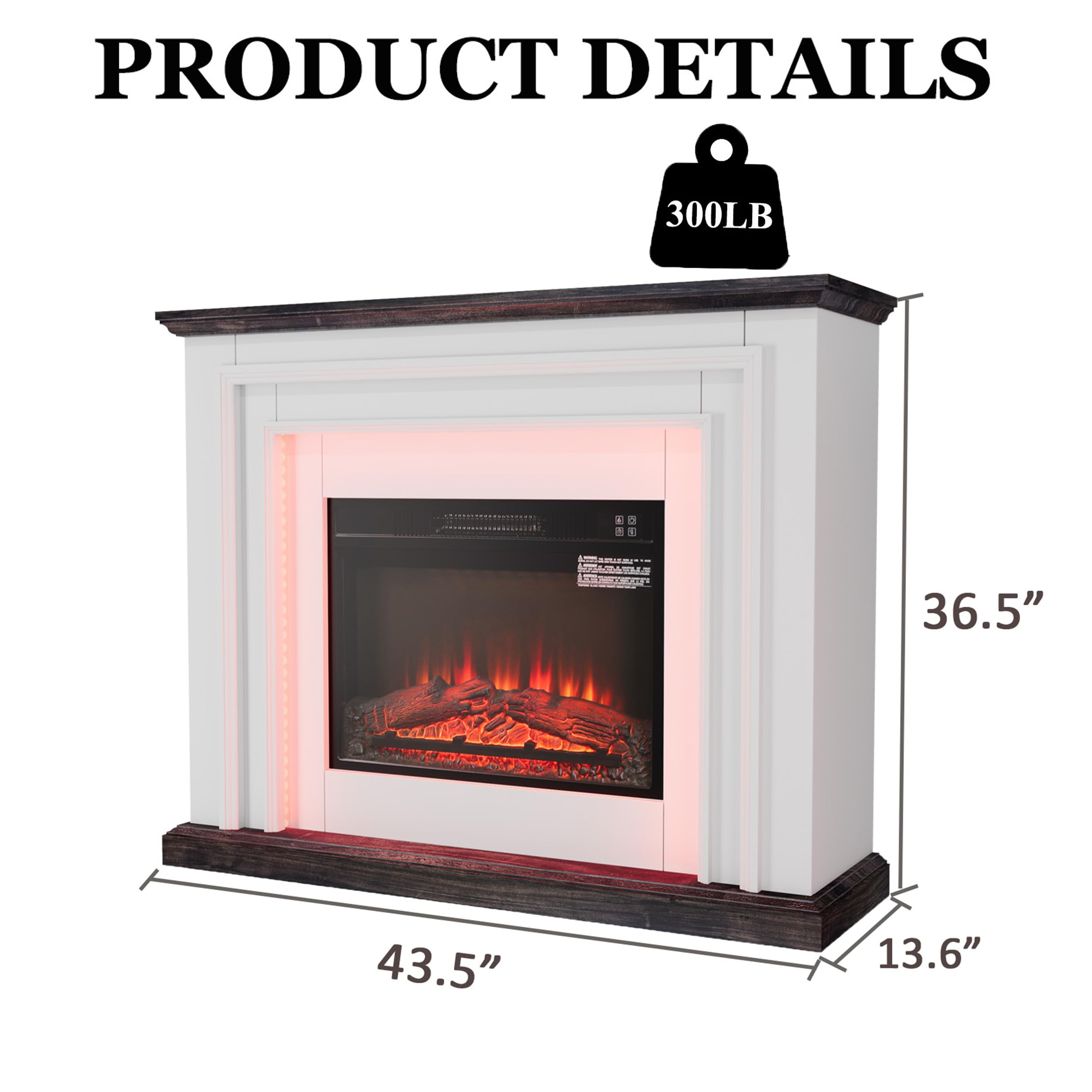 44 Inches LED Lights Electric Fireplace with Mantel, Tall Fire Place Heater Freestanding, Delicate Three-Dimensional molding with Remote Control Timer LED Flame for Living Room