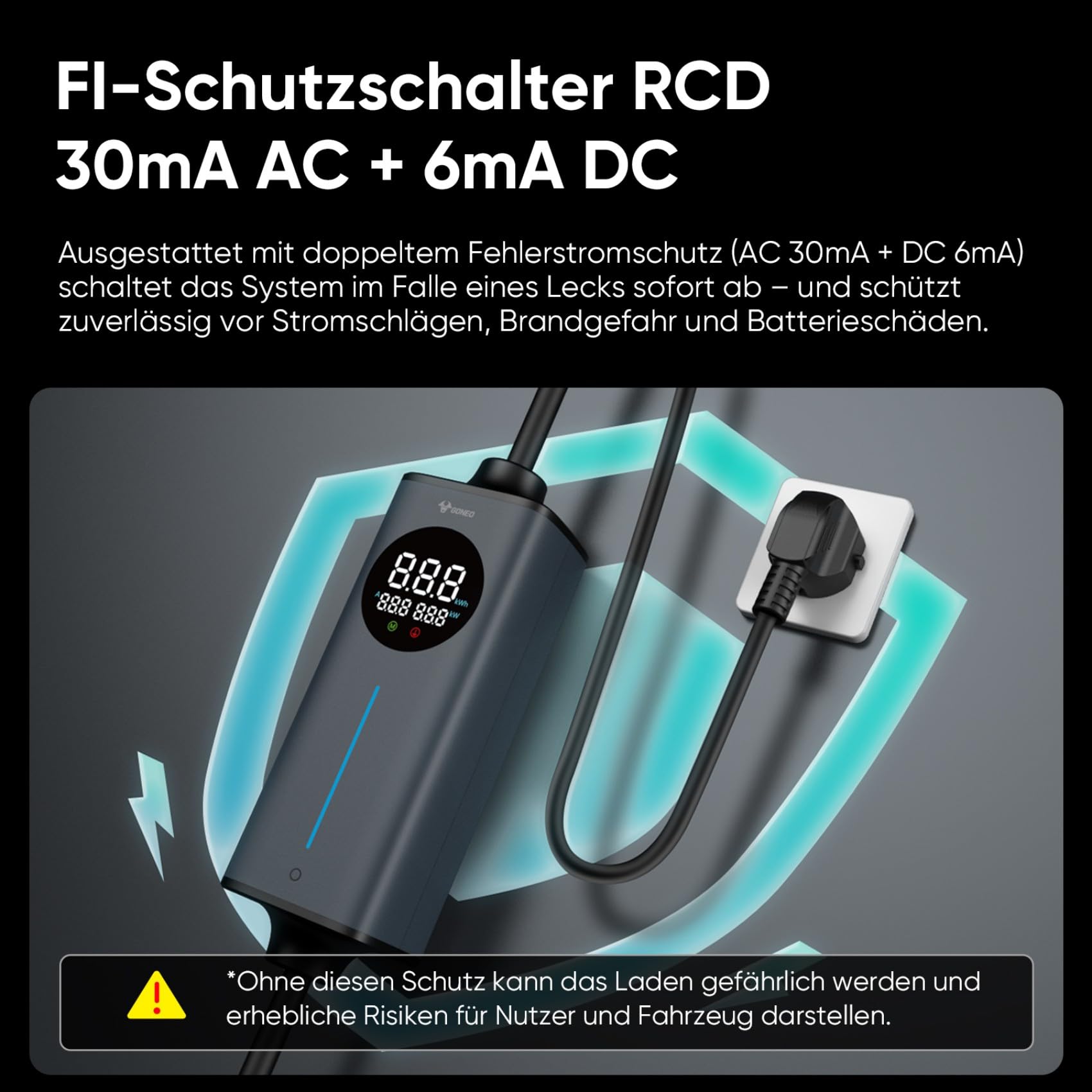 GONEO Ladekabel Elektroauto Typ 2 Schuko 16A 3,68 kW 230V 8M Mode 2 E-Auto | TÜV-zertifiziert, Temperaturschutz, Erdungserkennung, Fehlerstromschutz 30mA AC+6mA DC, Einstellbarer Ladestrom & Timer