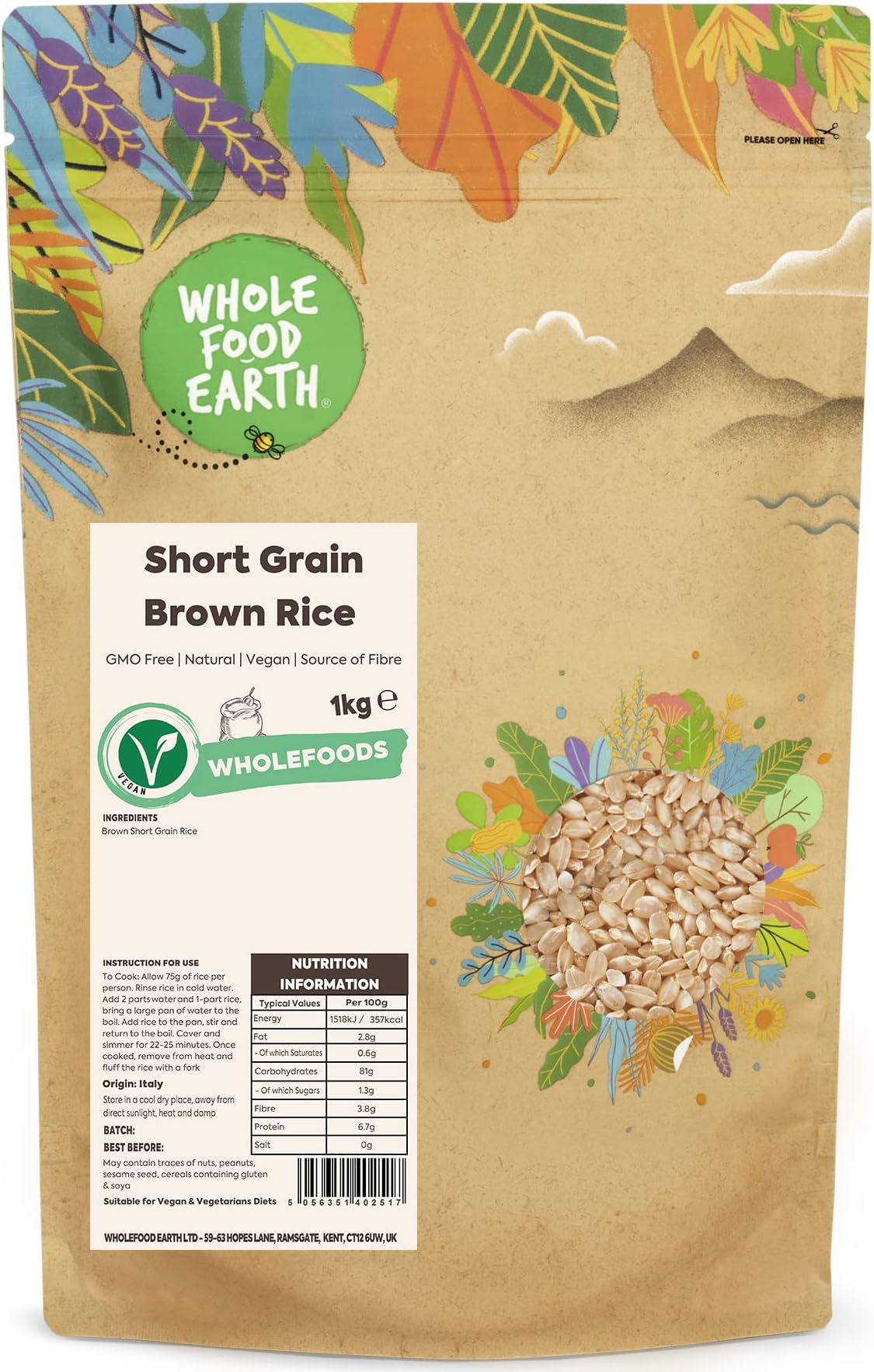 Wholefood Earth Short Grain Brown Rice 1 kg | GMO Free | Natural | Source of Fibre
