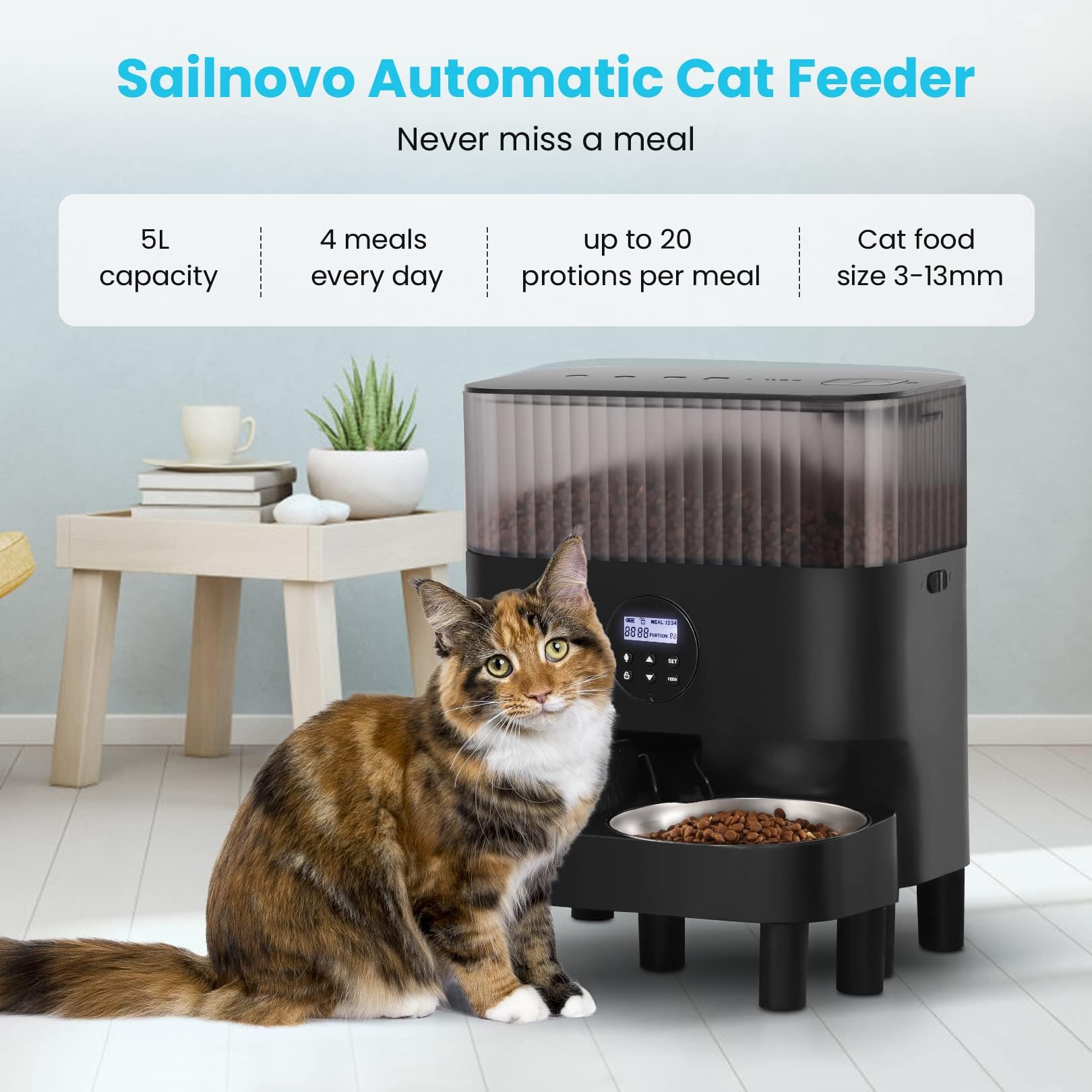Sailvono alimentador Temporizador para Gatos 20 porciones, grabadora de Voz, comederos de Mascotas de 5 litros para Gatos y Perros-Negro