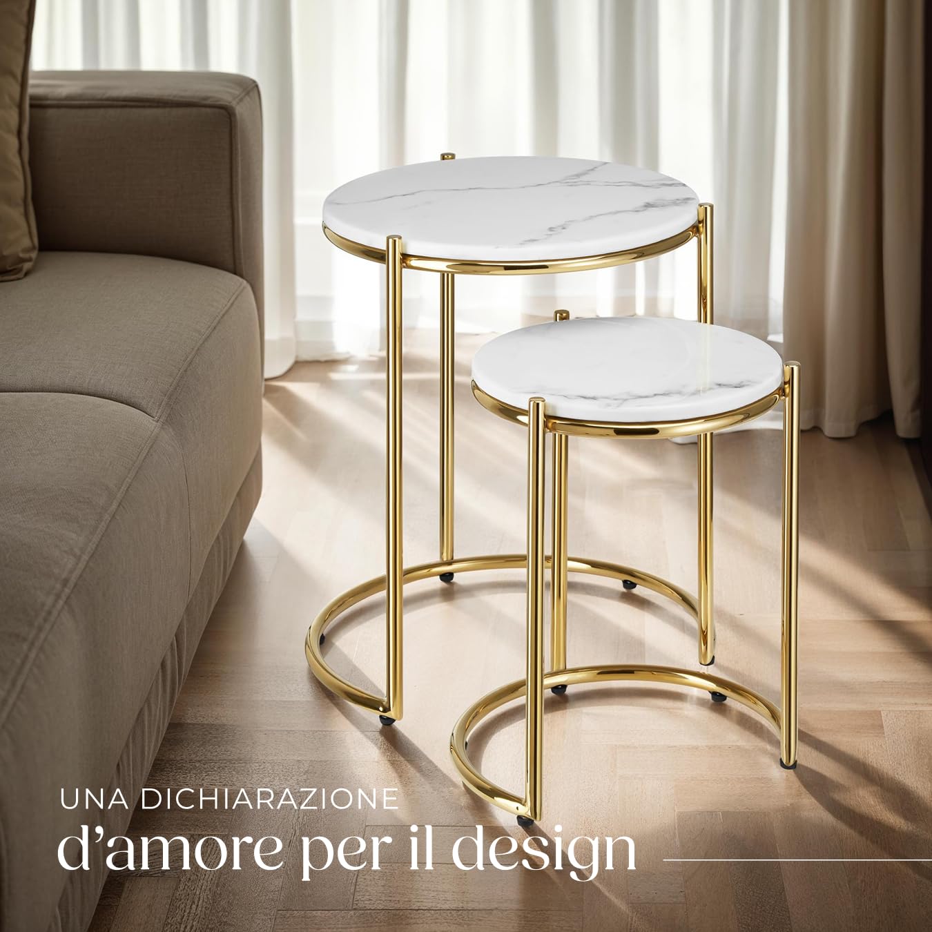 tectake® Set di 2 tavolini salotto in marmo, base in metallo, tavolino da caffè, tavolo basso rotondo, tavolino basso in marmo moderno per salotto, soggiorno,metallo, tavolo da balcone - Bianco/Oro
