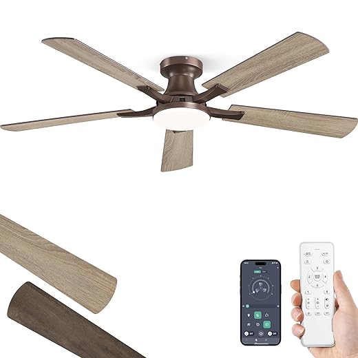 ZMISHIBO 52 Inch Ceiling Fan with Light, App&Remote Control, Flush Mount Low Profile, Dimmable 20W LED Light, Quiet Reversible Motor for Bedroom, Living Room, Apartment, Brown