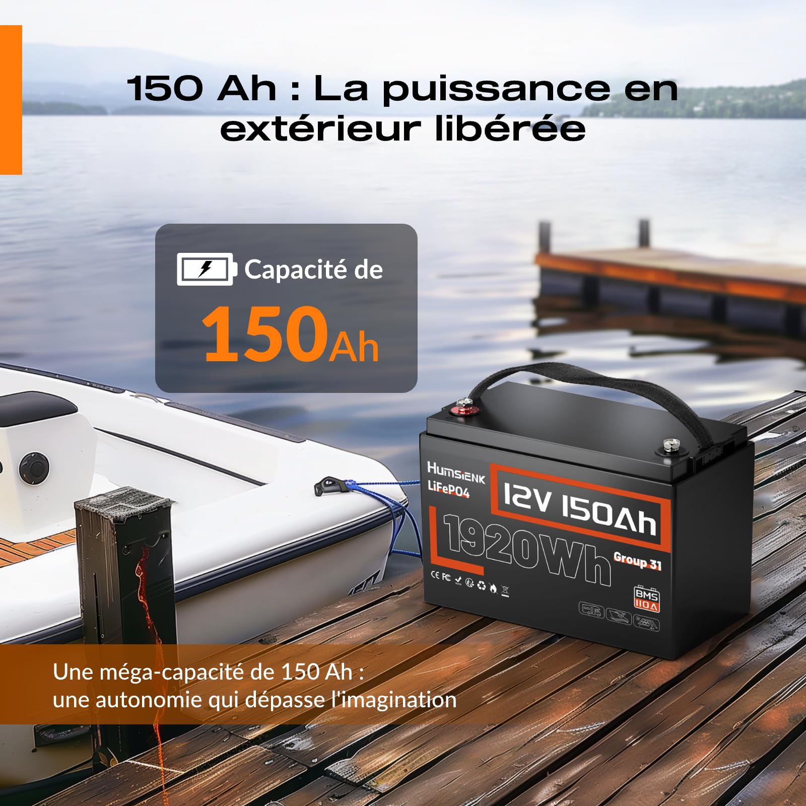 Humsienk Batería Litio 12V 150Ah,Bateria LiFepo4,BMS Inteligente de 110A,4.000–15.000 Ciclos Profundos de 12 V 1920 Wh Recargable,Protección Baja Temperatura—para Solar,Autocaravana (RV)