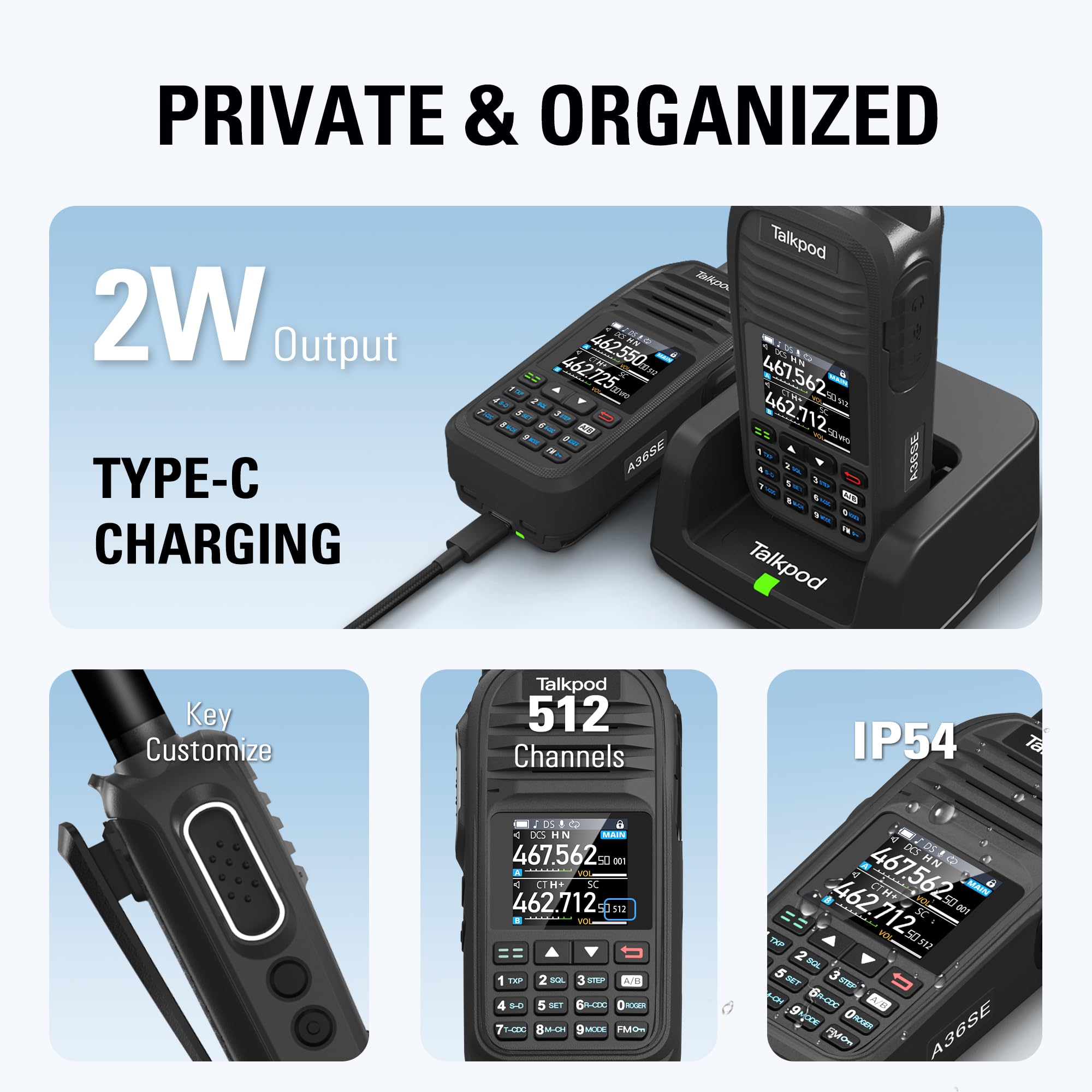 Talkpod A36SE Handheld Walkie Talkie, Long Range GMRS Radio with 771 Antenna & 805 Antenna, 512 Channels, VOX, 1500mAh Battery, USB-C Charging with Earpiece (Black)-1 Pack - 5