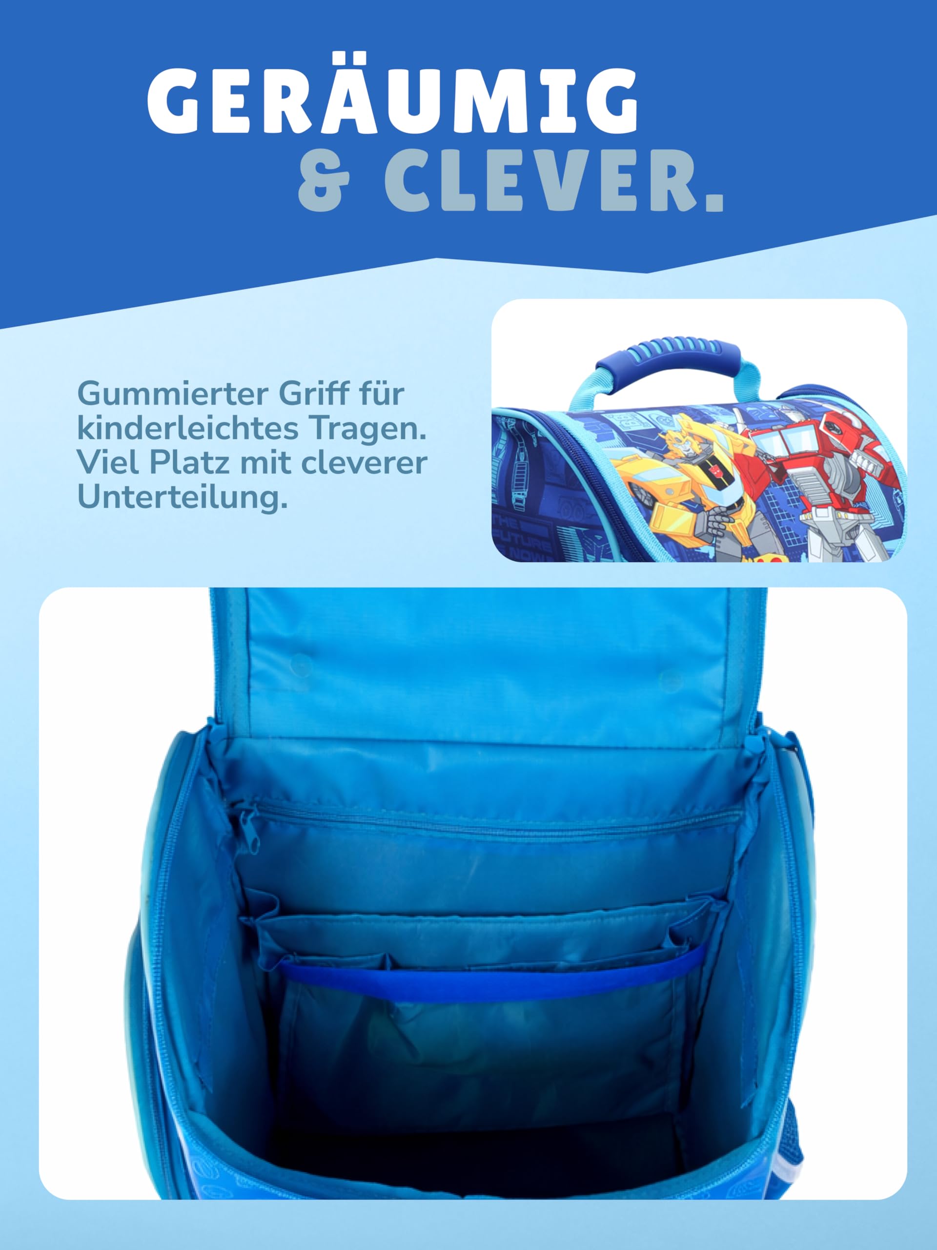 Familando - Schulranzen Set - 9-teilig mit Lunch-Set - Transformers - Ergonomisch, stabil & mit gepolstertem Rücken - 930g leicht - 15L Volumen - Mit Reflektoren - Für Grundschule ab 1. Klasse
