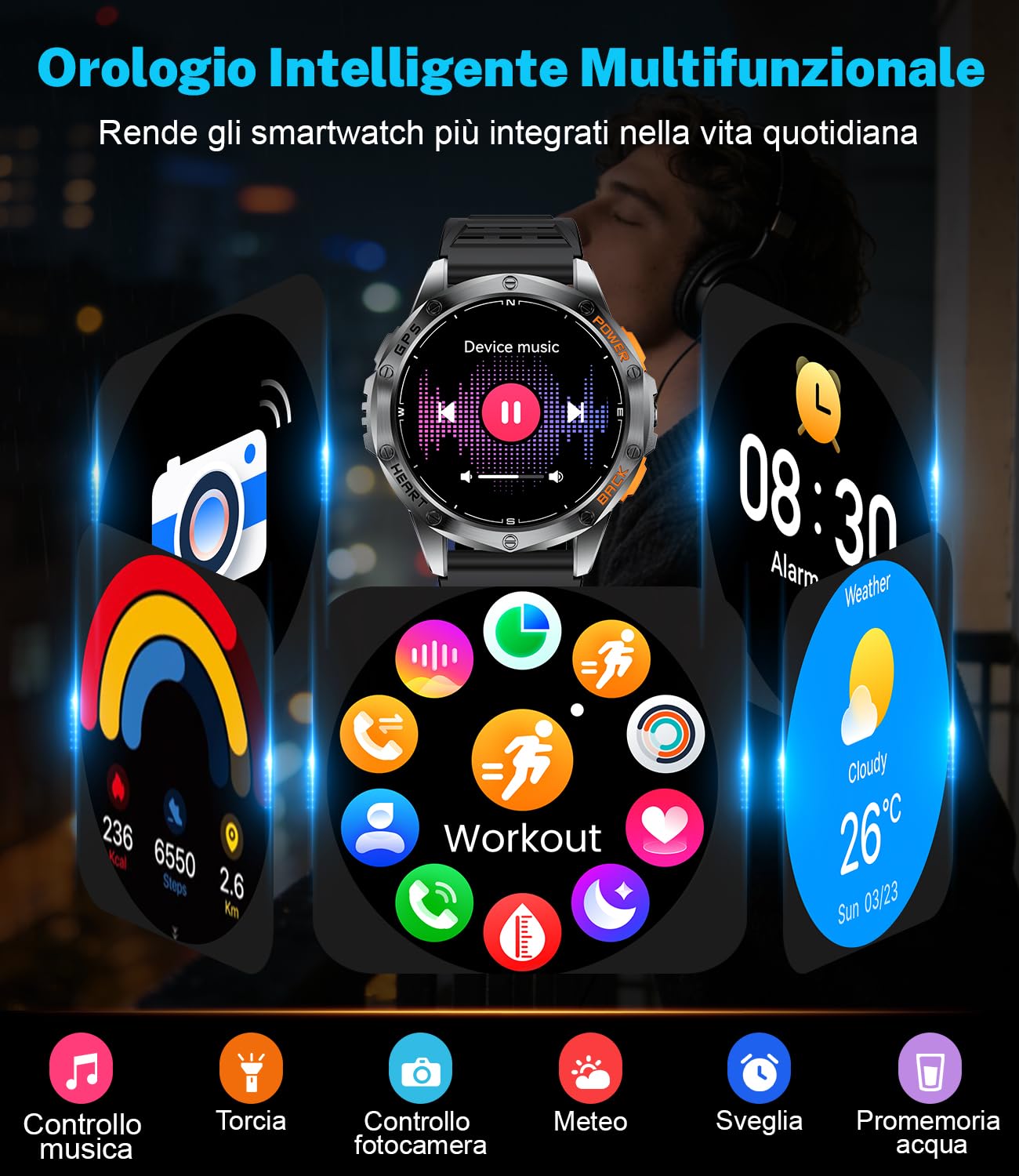 LIGE Smartwatch Uomo GPS, Barometro/Altimetro/Bussola, AMOLED 1,43" Smart Watch Militare con Torcia LED, Chiamate Bluetooth, 170+ Modalità Sport, 5ATM, Monitoraggio Salute per Android iOS,DM1-H