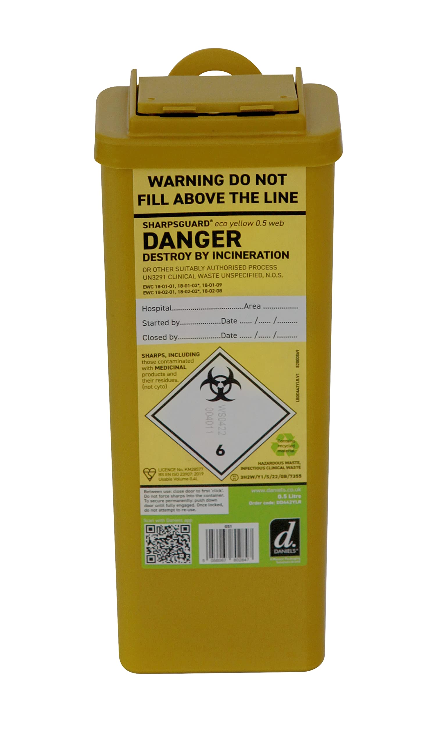 Munitech, Sharps Bin 0.5L, Sharps Container With Safety Web for Needle Disposal, Eco Friendly, Value (Pack of 2)