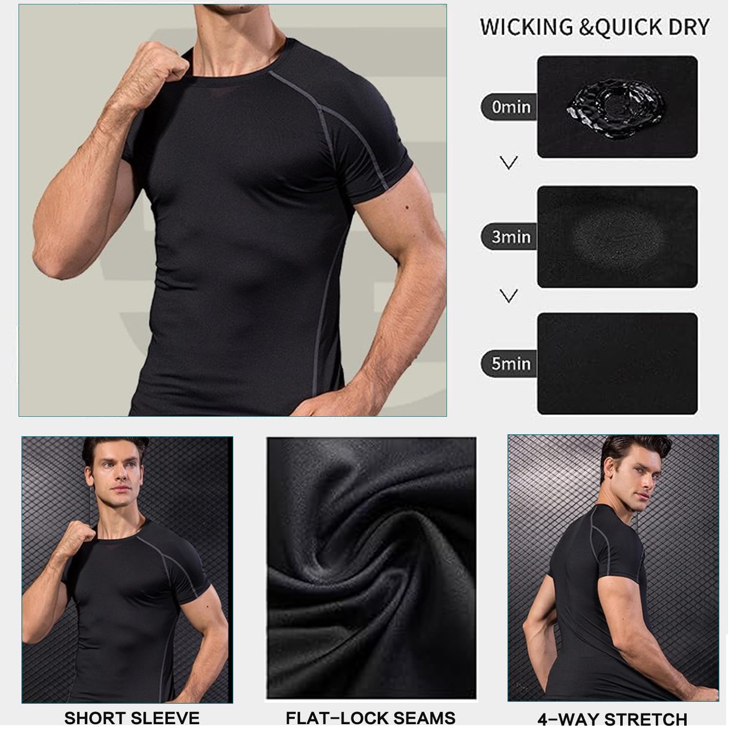LANBAOSI Lot de 2 Tee Shirt Compression Homme Manches Courtes Sport T-Shirt Séchage Rapide Respirant Maillot Running Baselayer Haut
