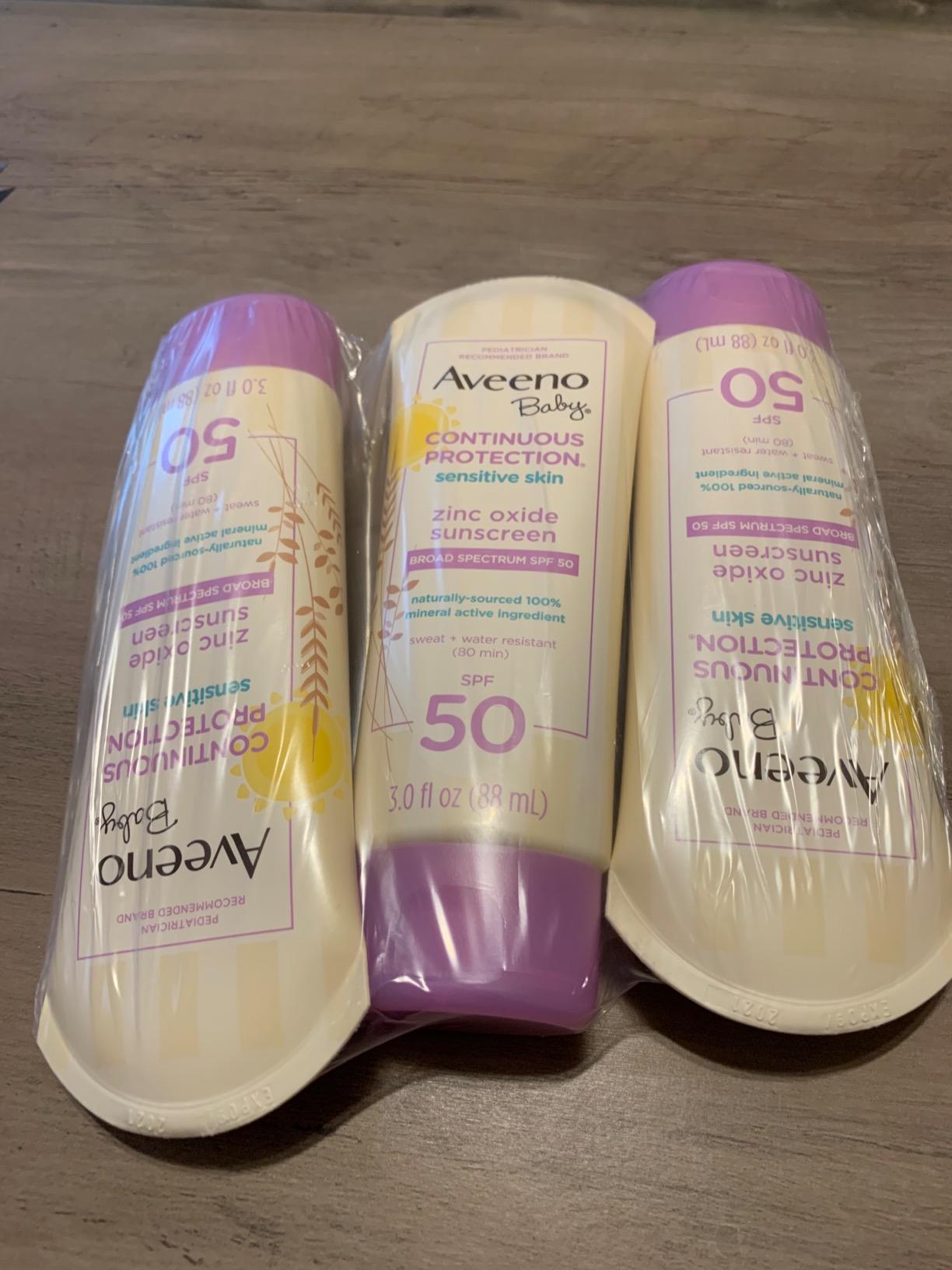 Kenvue Aveeno Baby Continuous Protection Zinc Oxide Mineral Sunscreen Lotion for Sensitive Skin, Broad Spectrum SPF 50, Tear-Free, Sweat- & Water-Resistant, Paraben-Free, Travel-Size, 3 fl. oz