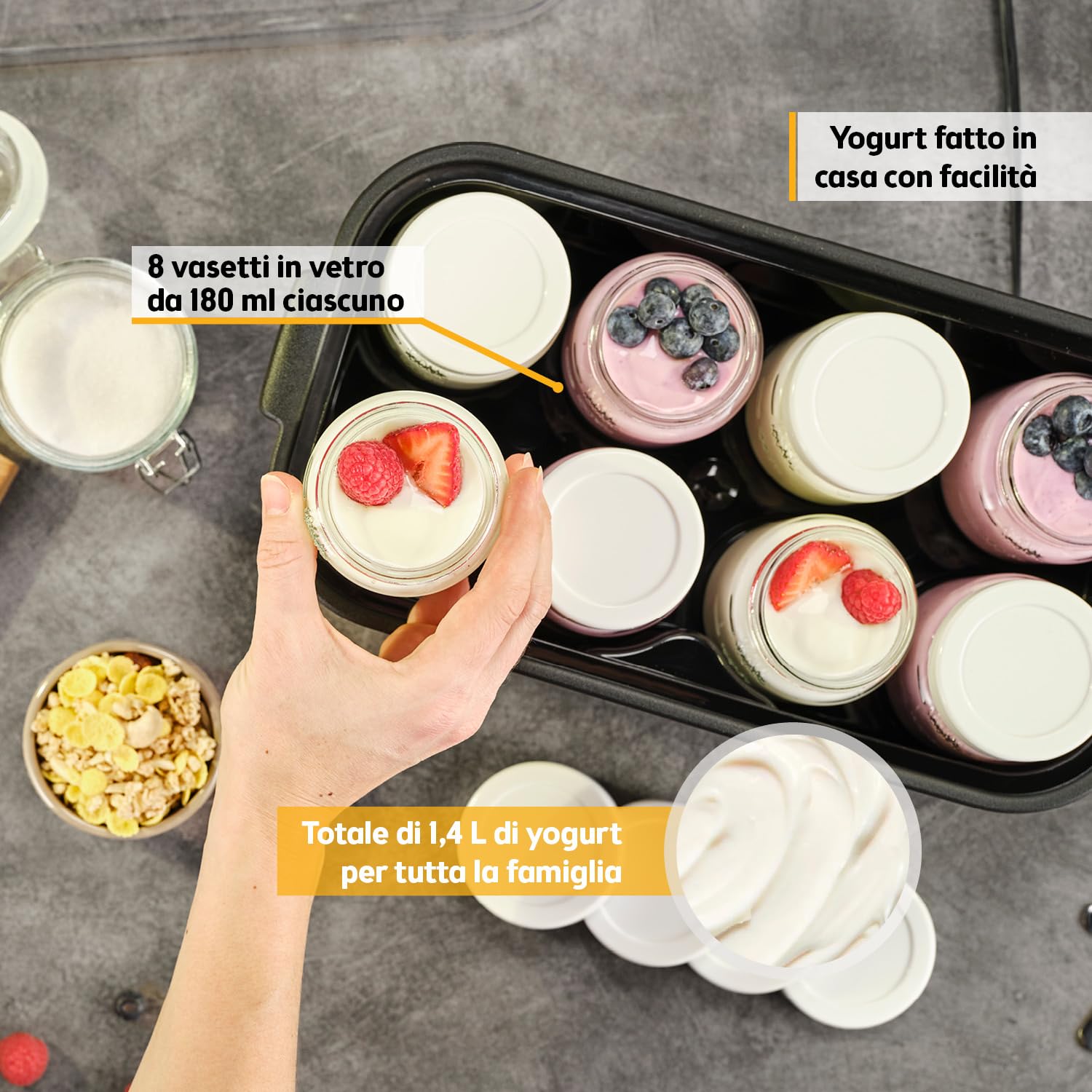 TZS First Austria Preparatore di Yogurt Elettrico - 8 vasetti in vetro da 180 ml (1,4 L) - Temperatura regolabile fino a 55 °C - Display LED - Spegnimento automatico - Timer 48 h - BPA-free