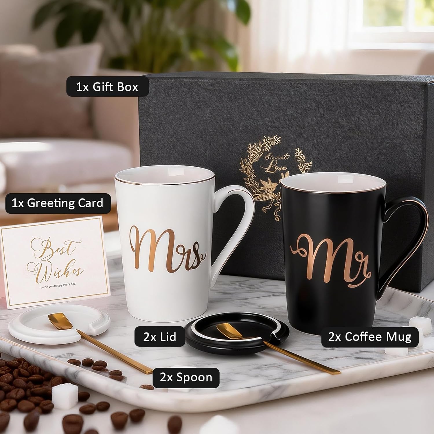 Biching Wedding Gifts for Bride and Groom, Bridal Shower Engagement Gifts for Couples 2026, 140z Ceramic Mr and Mrs Coffee Mugs Set for His and Hers Marriage Gifts