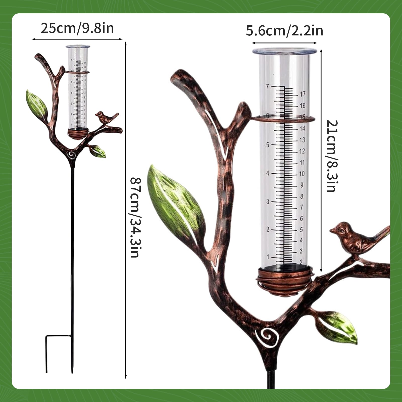 Regenmesser für Garten Gartendeko, Regenmesser Frostsicher, Niederschlagsmesser mit Stab für Garten Rasen Landschaft Terrasse Geschenk für Gartenliebhaber (Zweige Blätter)
