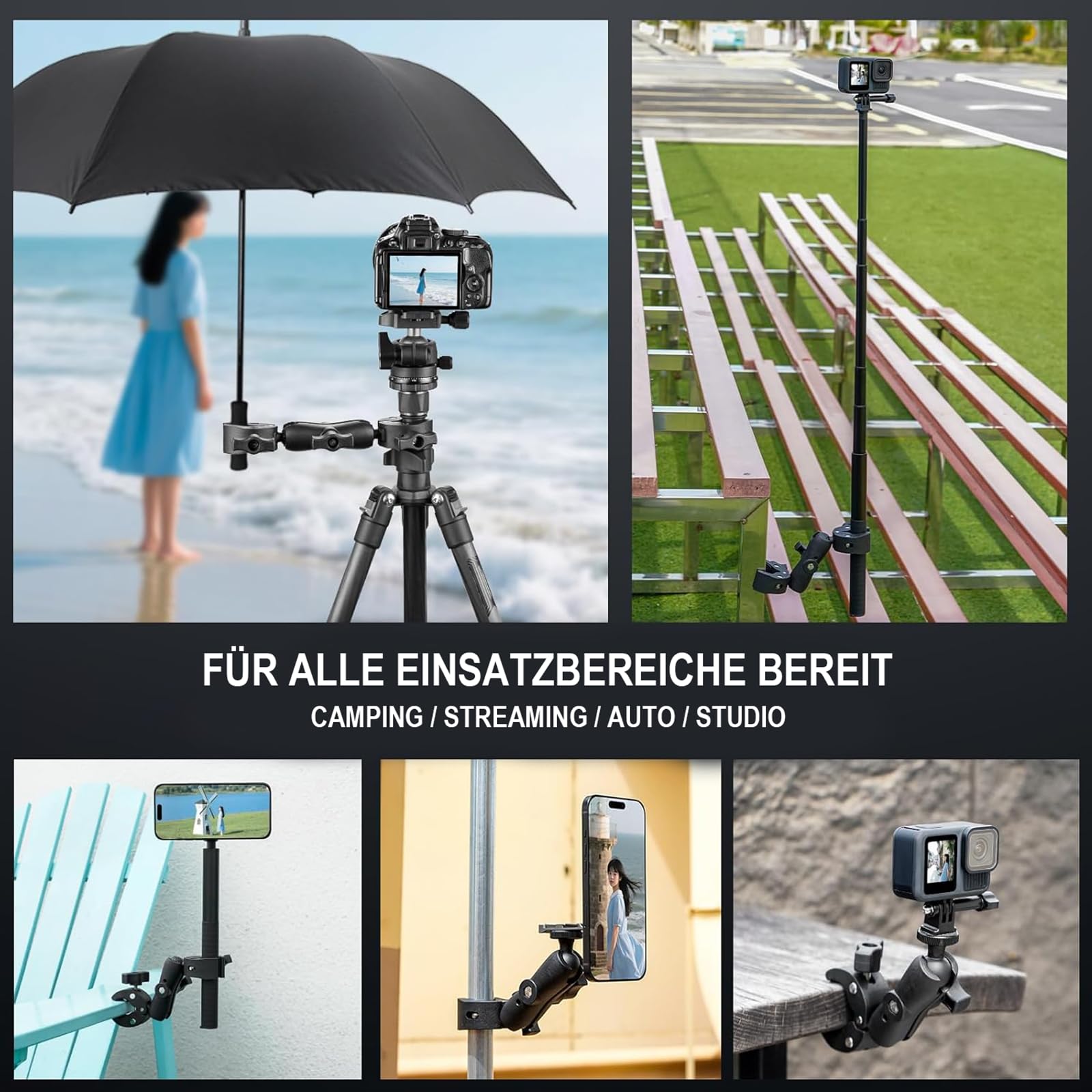 Motorrad Kamera Halterung Set mit Stützklemme und Selfie Stab Double Clamp