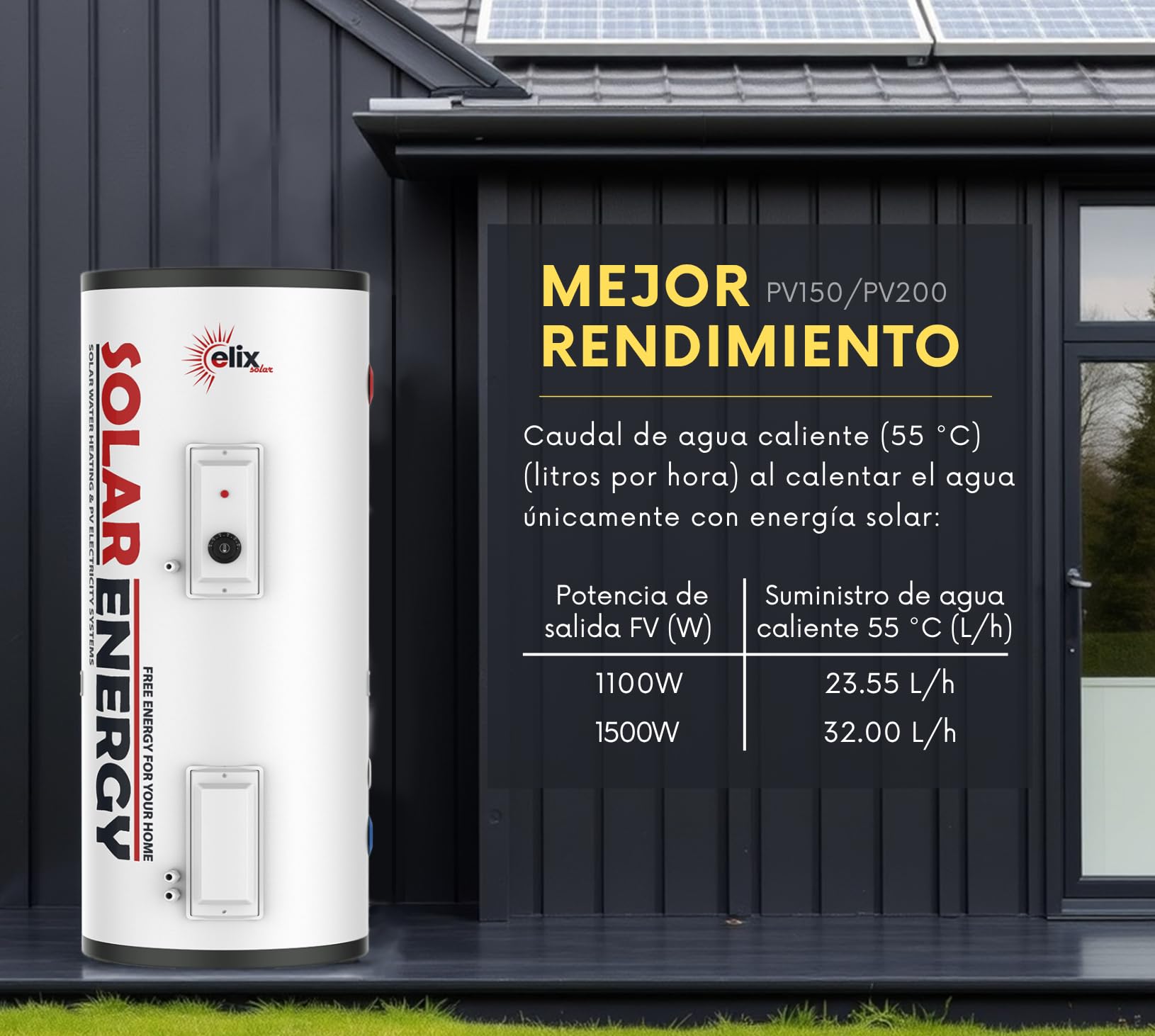 Calentador de Agua Solar Elix PV Termo Eléctrico con MPPT, 200L, DC1500W