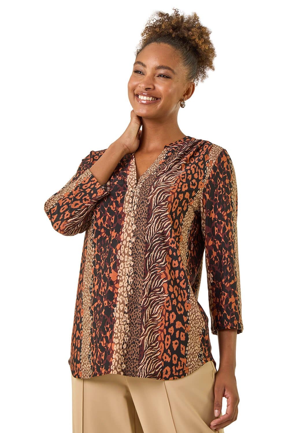 Roman Originals Women's Tan Roman Shirt For Uk Top Collarless Blouse Stretchy Tunic Smart Casual Autumn Winter Jersey 3/4 Length Sleeve Notch V Neck Flattering Office Work - Size 18