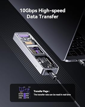 DOCKCASE Explorer Edition Smart SSD Enclosure -10s Power Loss Protection, NVMe M.2 Enclosure Real-time SSD Health Detection, Dual Type-C Ports USB-C 3.2 (10Gbps) Supports NVMe SSD Up to 4TB Silver