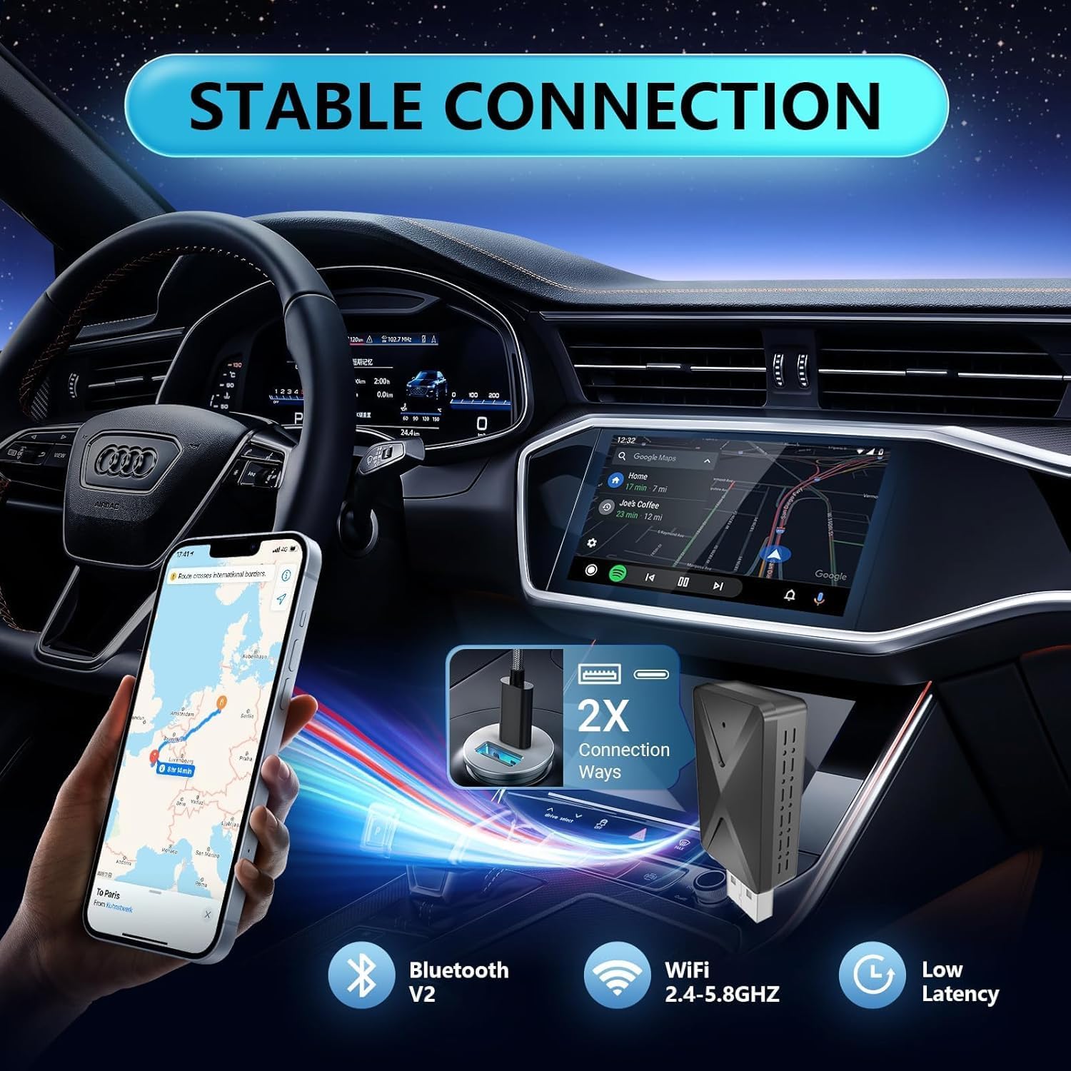 Adaptateur sans fil Android Auto & Carplay sans fil, connexion rapide et sans retard, Stick 2 en 1 Convertir Wired Android Auto/Car Play en sans fil pour iOS 10+ et voitures à partir de 2017 (USB-A)