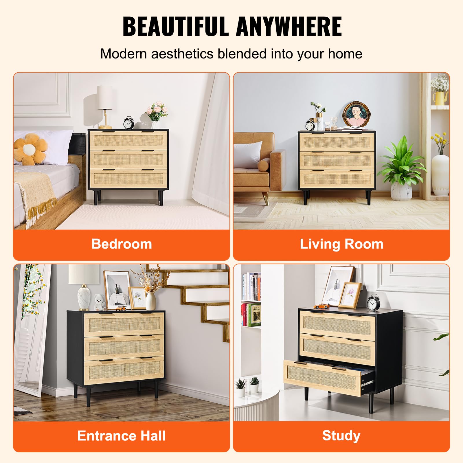 VEVOR Cassettiere in Legno di Rattan Naturale con 3 Cassetti, Moderna Cassettiera in Legno per Vestiti e Contenitori Boho con Maniglie e Gambe Robuste, per Camera da Letto Soggiorno e Corridoio
