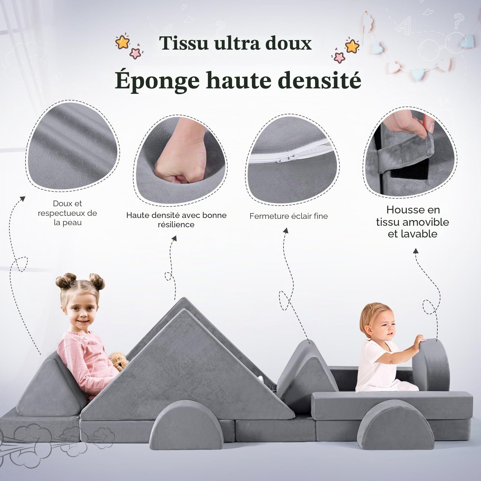 Canapé pour Enfants, canapé pour Enfants avec Blocs de Mousse, canapé modulable Pliable Multi-Styles, pour Espace de Couchage et Salle de Jeux pour Enfants (Gris-14pcs)