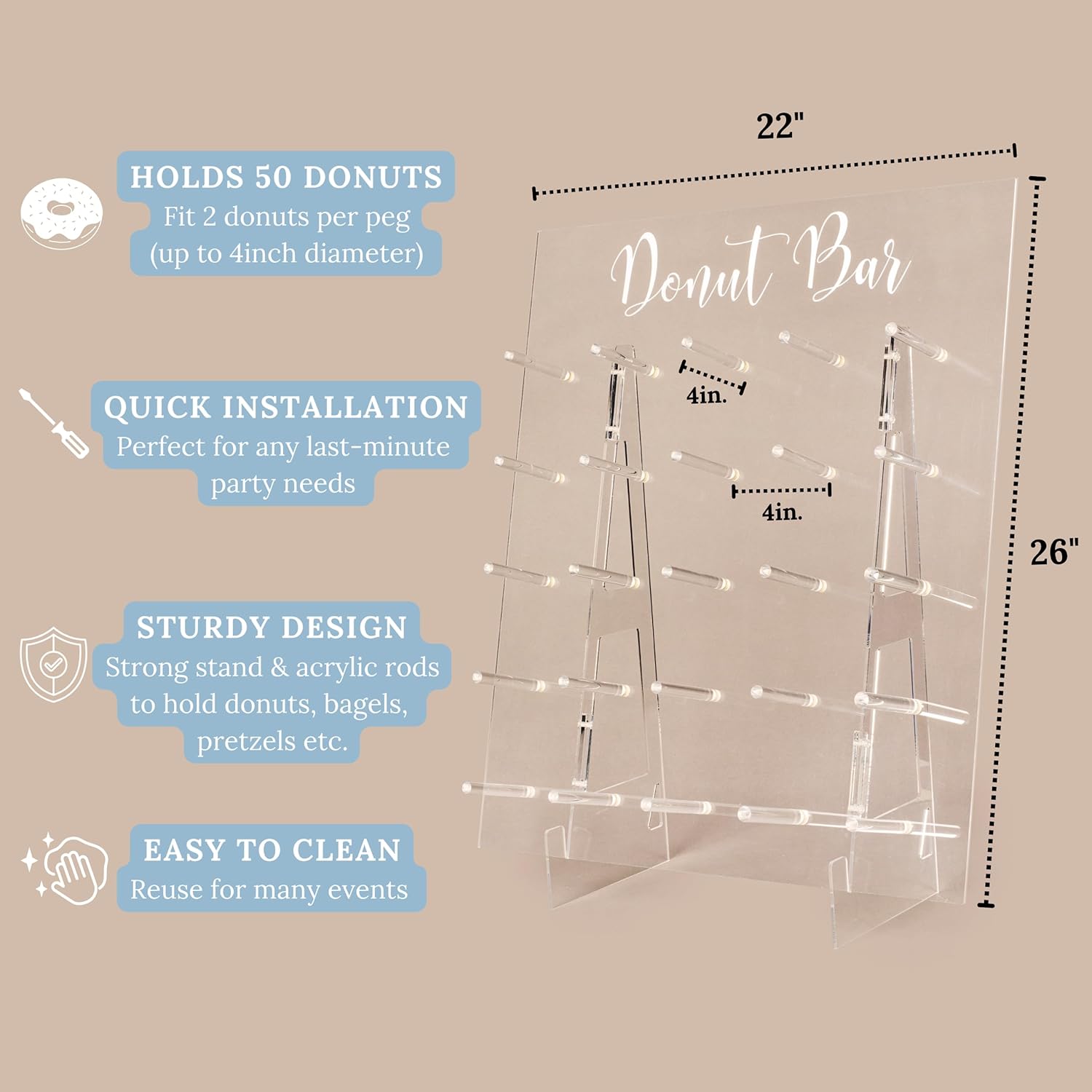 Donut Wall Display Stand - Acrylic Donut Stand Holds 50 Donuts | XL Donut Board Display | Large Donut Wall Stand for Party & Wedding Decor | Donut Holder Stand Party Dessert Display Stands