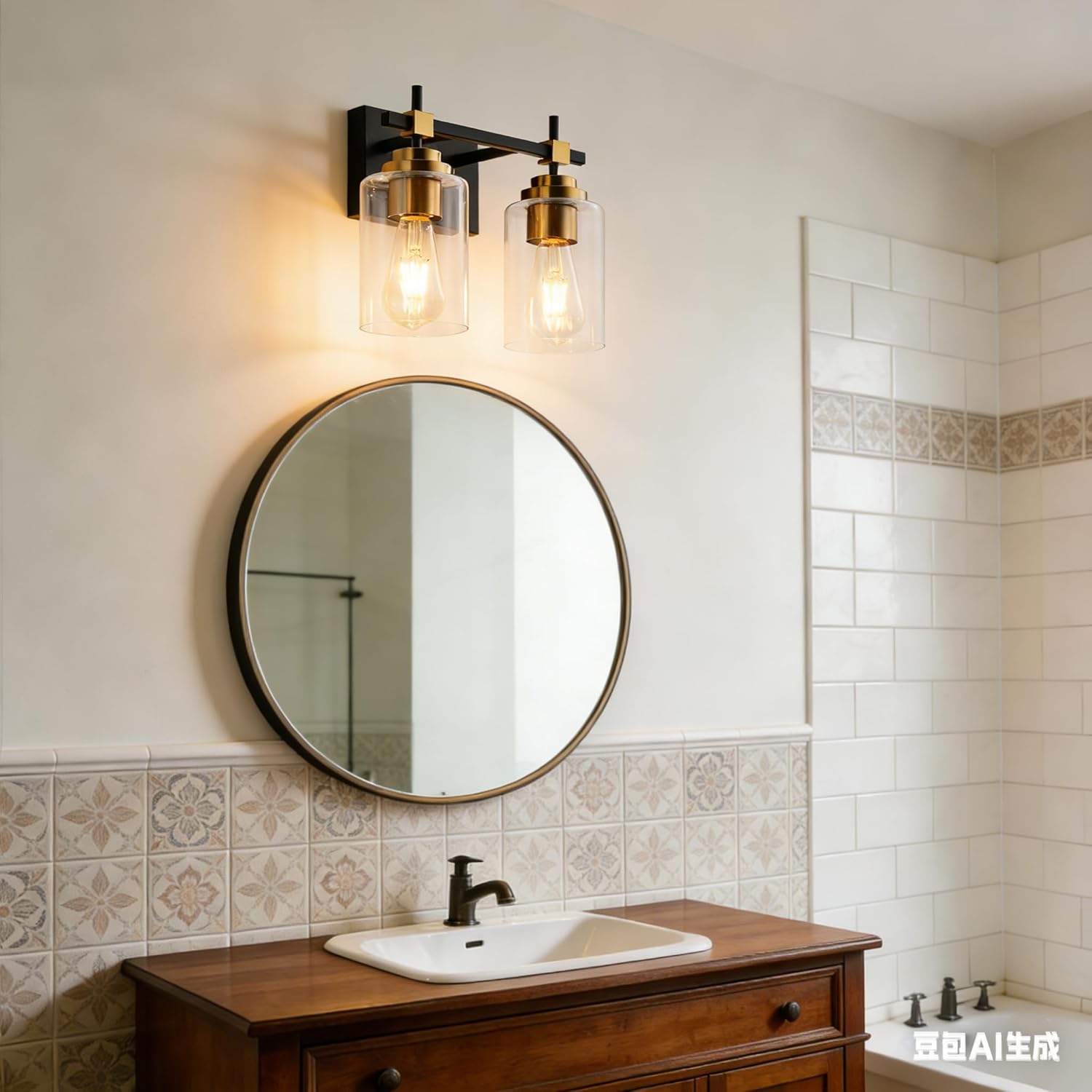 SOLFART Modern Bathroom Vanity Light with Clear Glass Globes,2 Lights Bathroom Light Over Mirror Black and Gold Finish，Wall Mount Sconce for Over Mirror Vintage Lighting