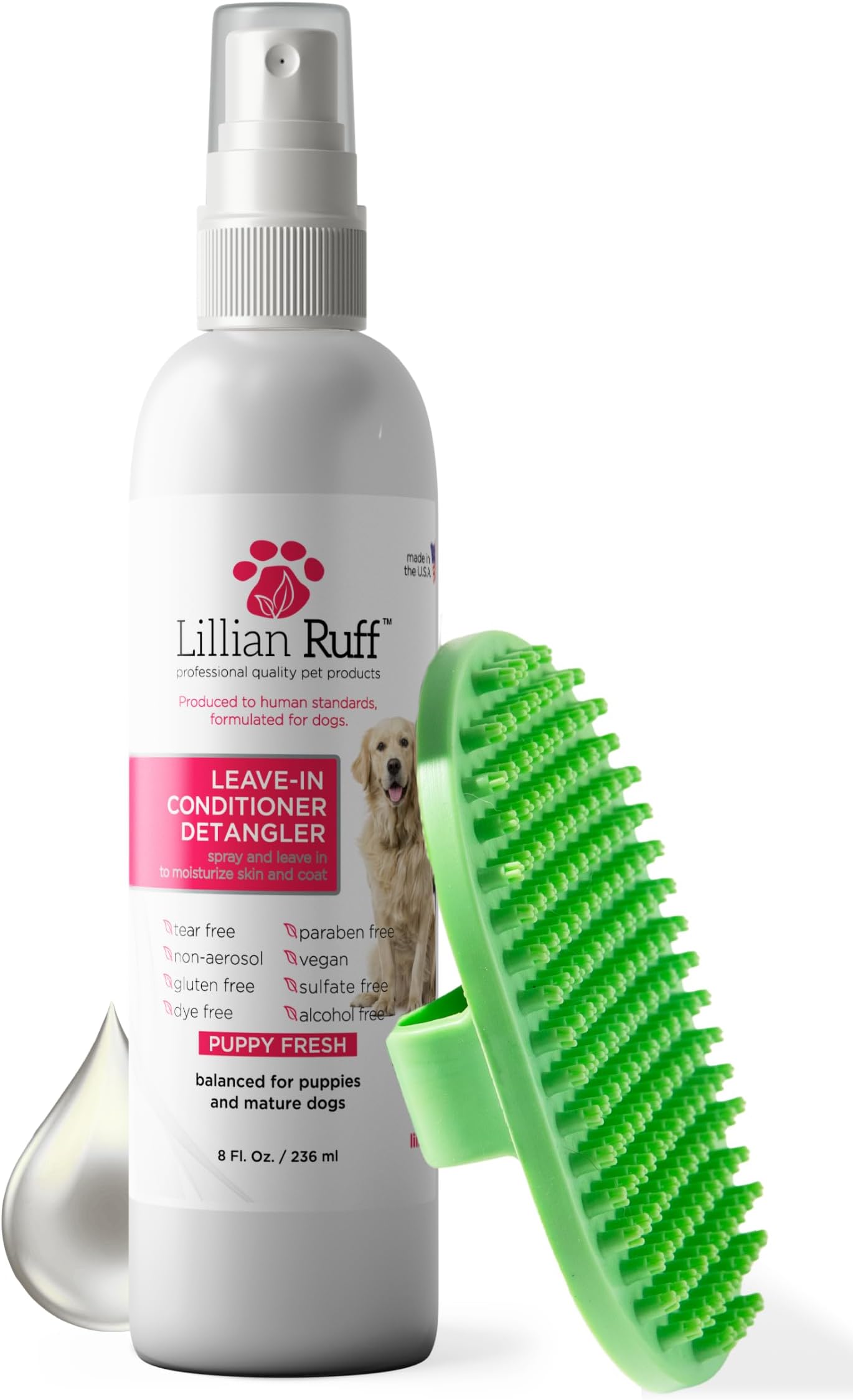 Lillian Ruff - Pet Dog Leave in Conditioner & Detangler Treatment Spray 8oz - Moisturizer For Normal, Dry & Sensitive Skin - Made In The USA (8oz with Bath Brush)