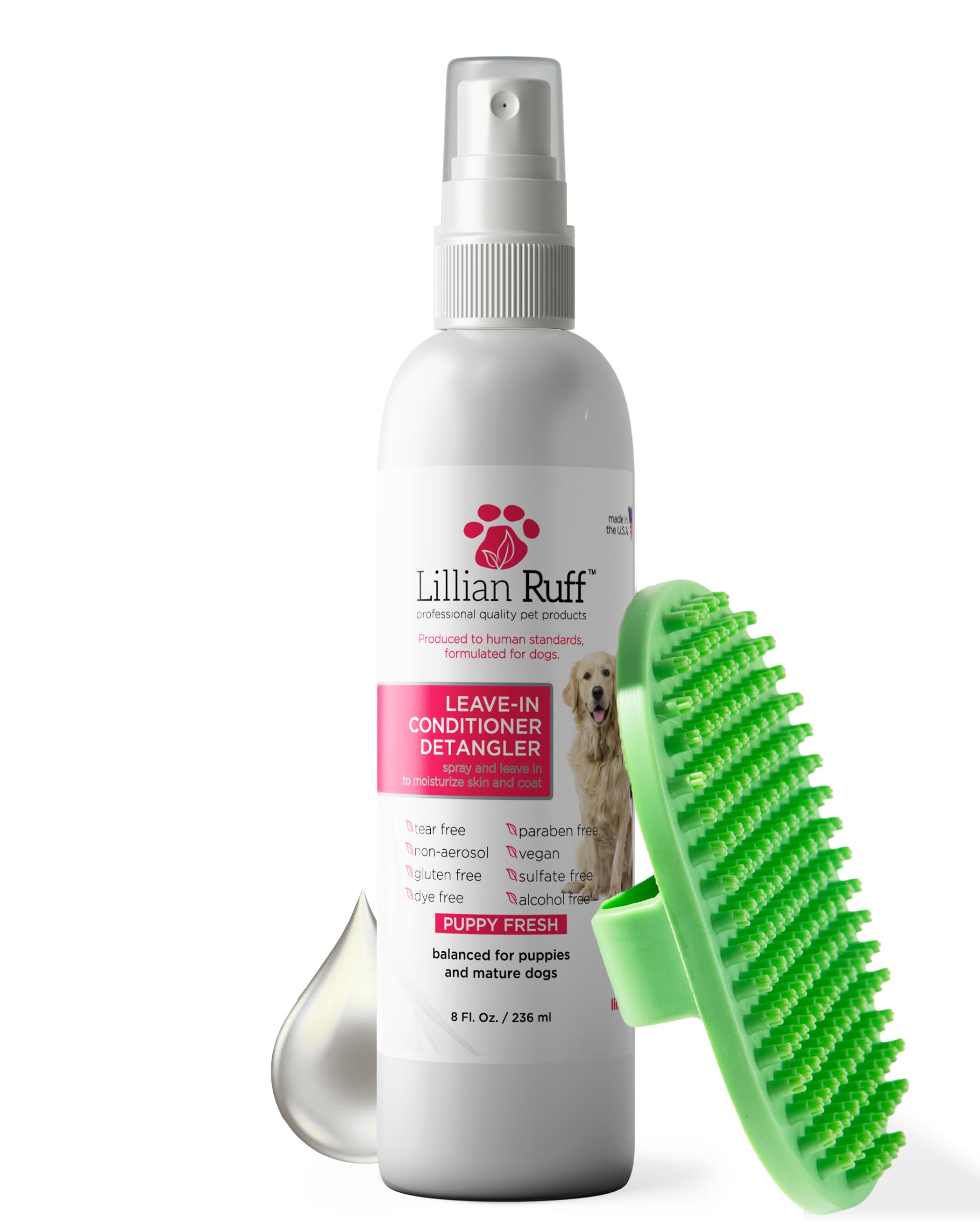 Lillian Ruff Leave-in Dog Conditioner & Detangler Spray - pH Balanced After-Bath No Rinse Dog Conditioning Spray - Silky Shine Spray for Dry Skin, Itch Relief, Detangling & Dematting (8oz/Brush)