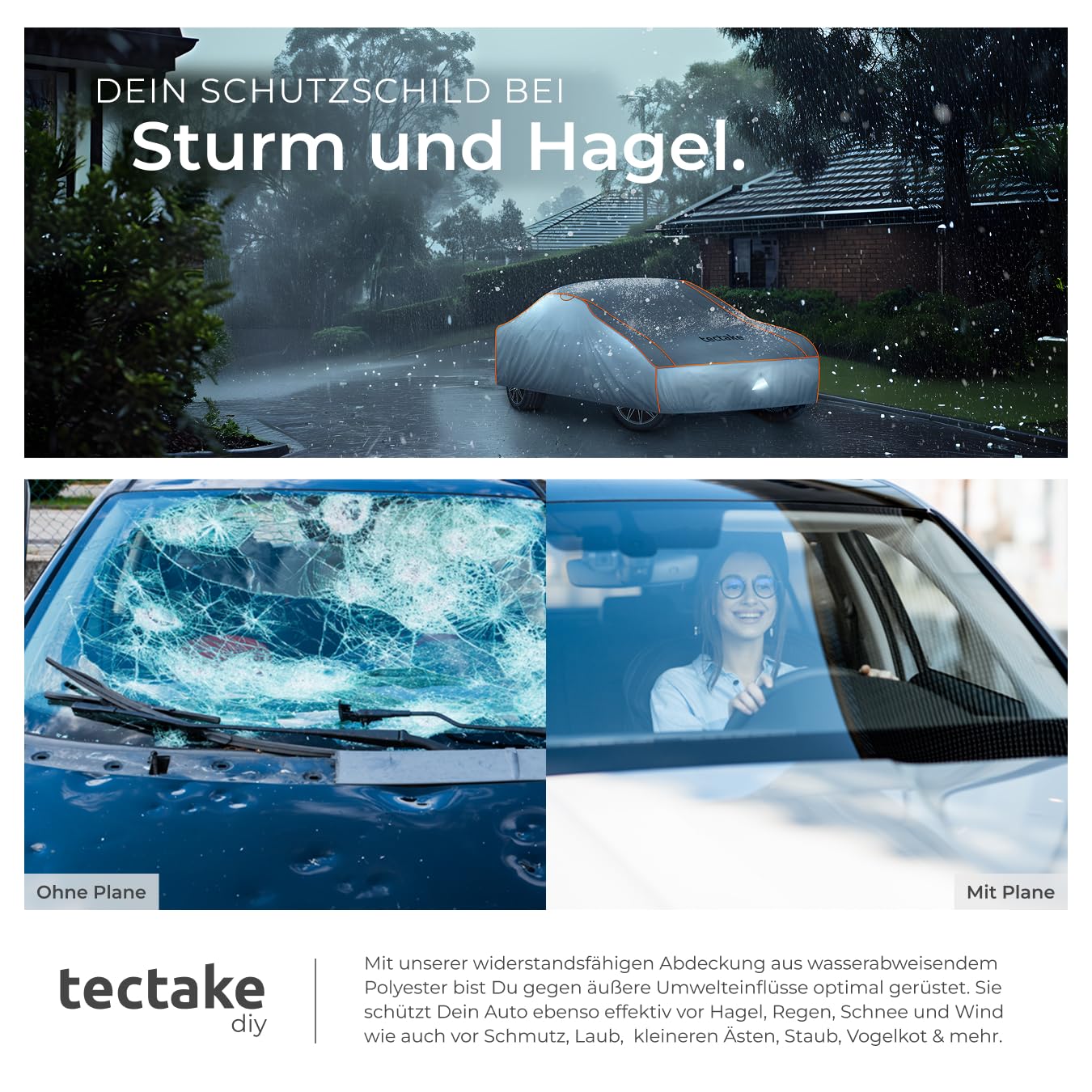 tectake® Auto Abdeckplane, Hagelschutz Autoplane, Autoabdeckung, wasserdichte Decke, atmungsaktiv, elastische Autogarage, Auto Zubehör mit Aufbewahrungstasche, kompatibel mit vielen Modellen - Größe L