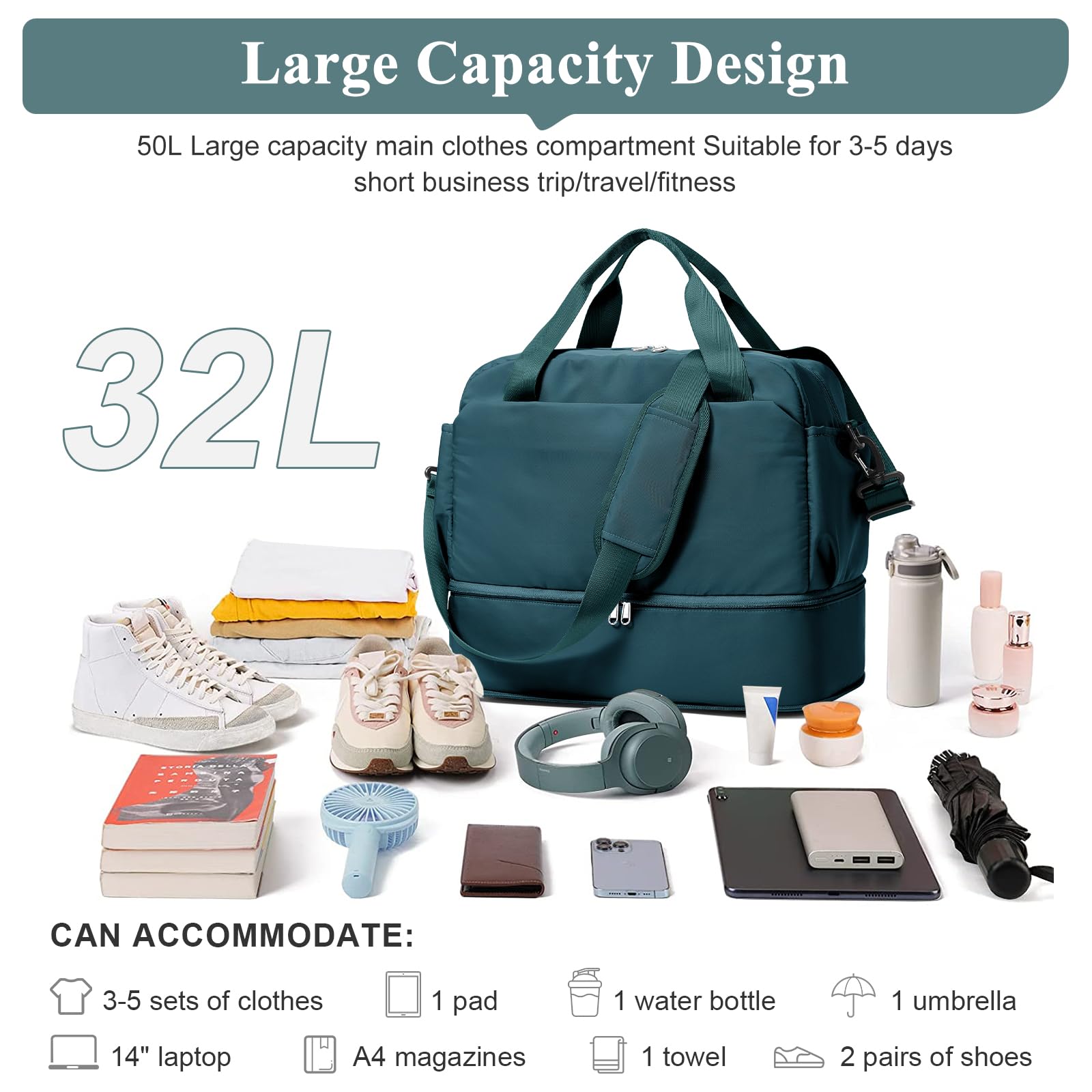 SEAFEW Borsone da Viaggio,Bagaglio a Mano 40x30x20 Ryanair Borsa da Viaggio con Scomparto per le Scarpe,Borsa da Cabina Ryanair Borsa Sportiva Borsone da Palestra Borsa da Weekend,C04-Blu pavone