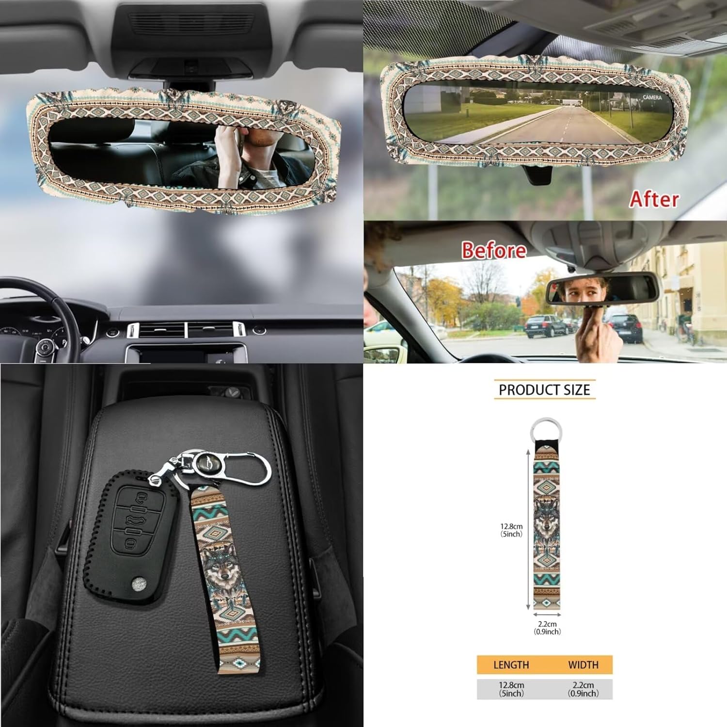 Wanyint Aztec Wolf Dream Catcher 15 PCS Car Seat Cover Full Set with Steering Wheel Cover Seat Belt Strap Pads Cup Coasters Trash Bag Air Vent Storage Bag Rearview Mirror Cover Keychain Auto Decor