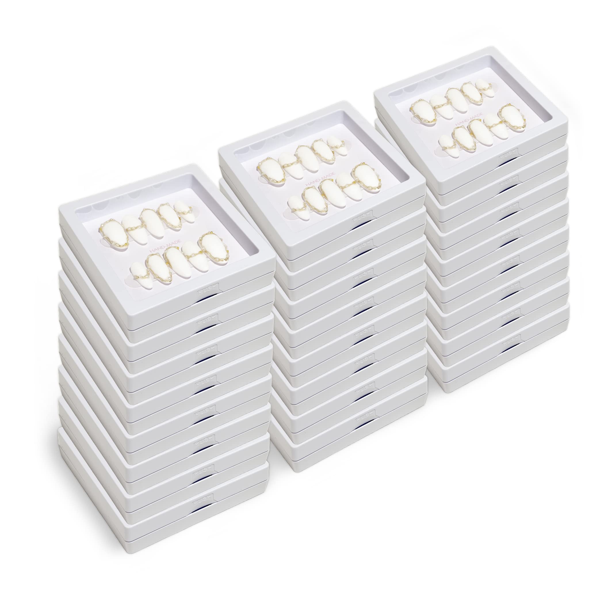 LIGHT RAIN Press on Nail Packaging Storage Box Case - 3.5 x 3.5 X 0.8 Inch 3D Floating Frame 24 pcs, Display Card 24 pcs, Pre-cut Double Sided Strong Tape 48 pcs, OPP bag 24 pcs