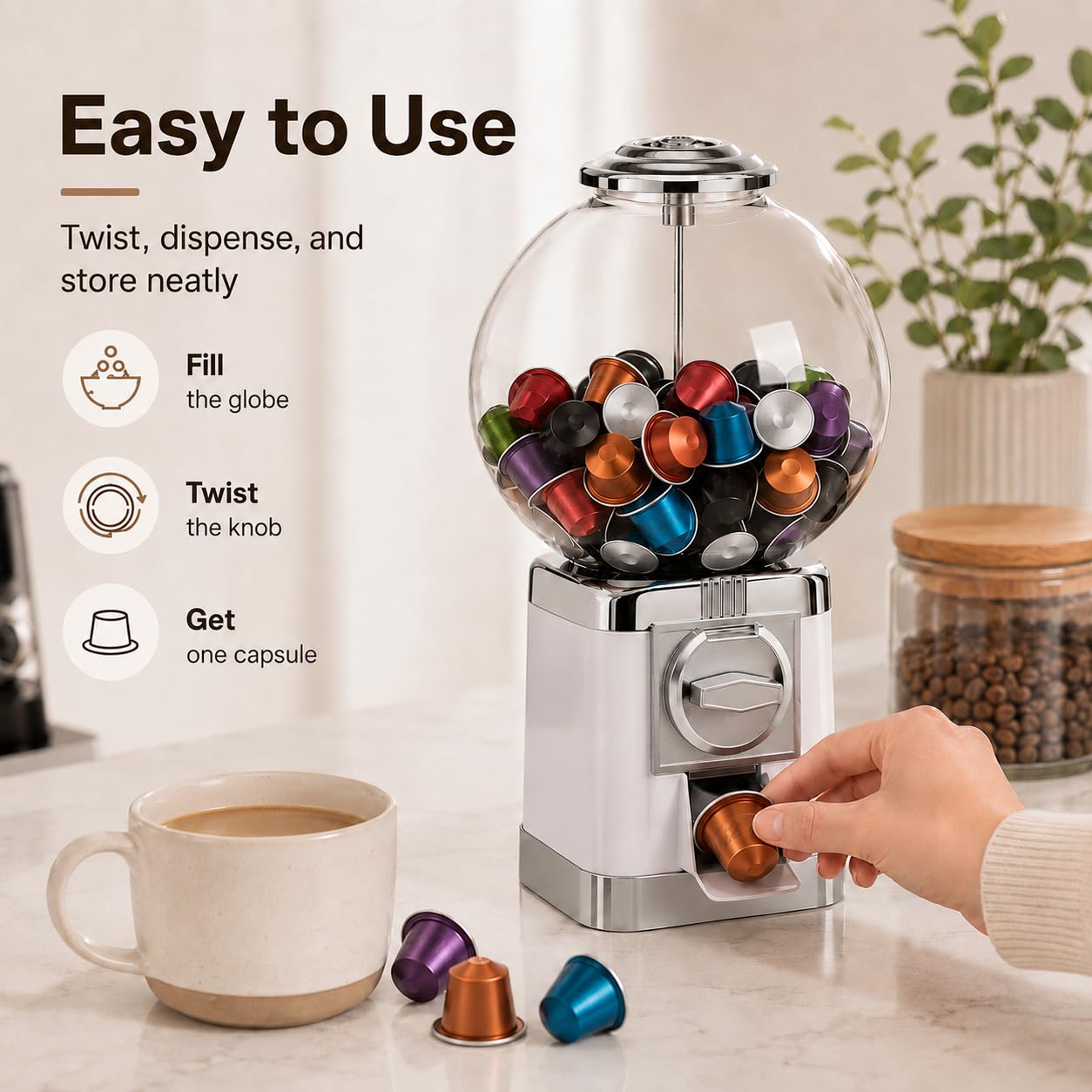 Dispensador Manual de cápsulas de café para mostrador y Zona común | El selector regulable guía diferentes formatos compatibles hacia la salida inferior durante la rotación completa del mando.