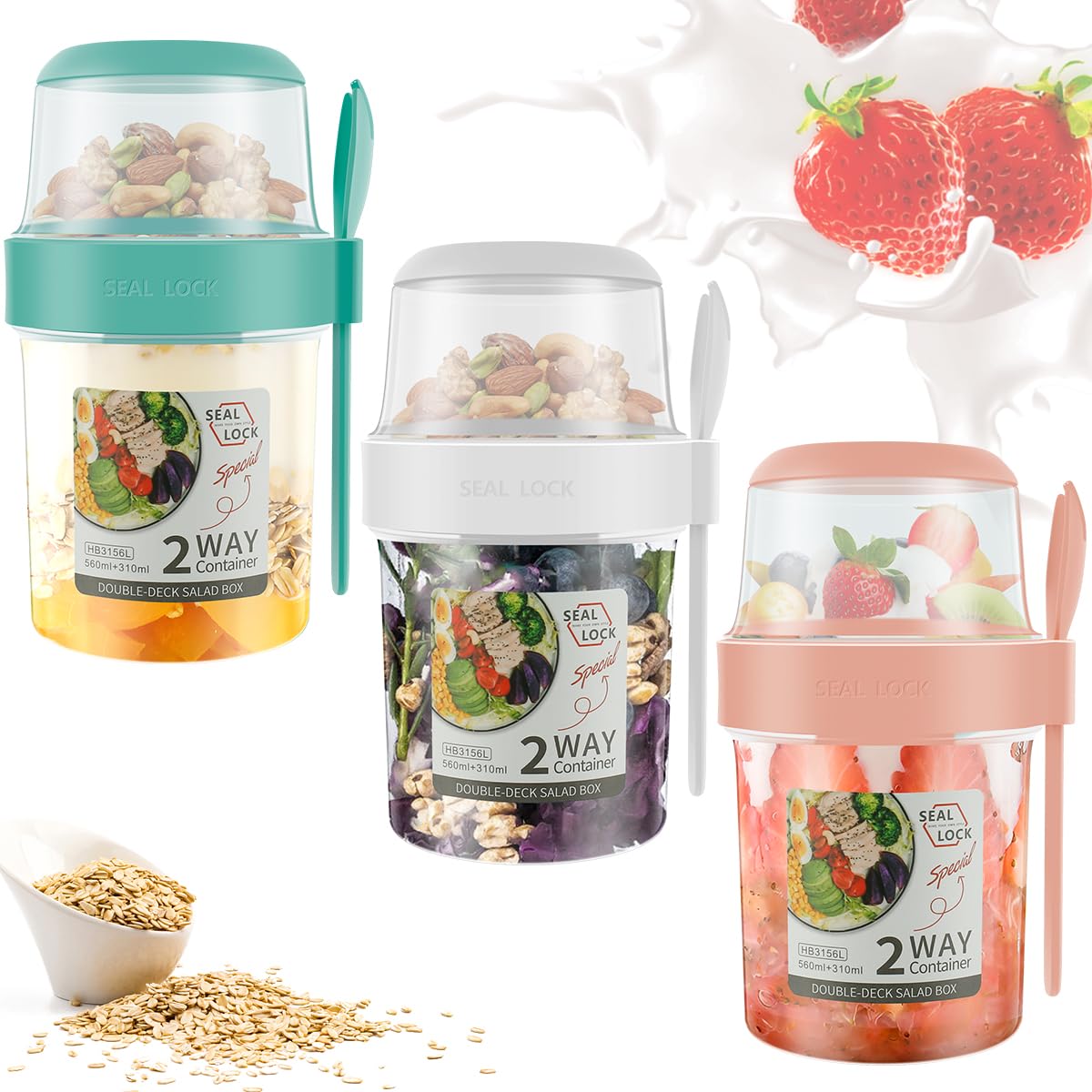 Alongen White, Pink, Cyan 3 Pack Reusable Overnight Oats Container, Leak-Proof Breakfast Salad Cups With Lid And Spoon Multipurpose Salad Container Cereal On The Go Overnight Oats Jars Oatmeal Container Yogurt Pot