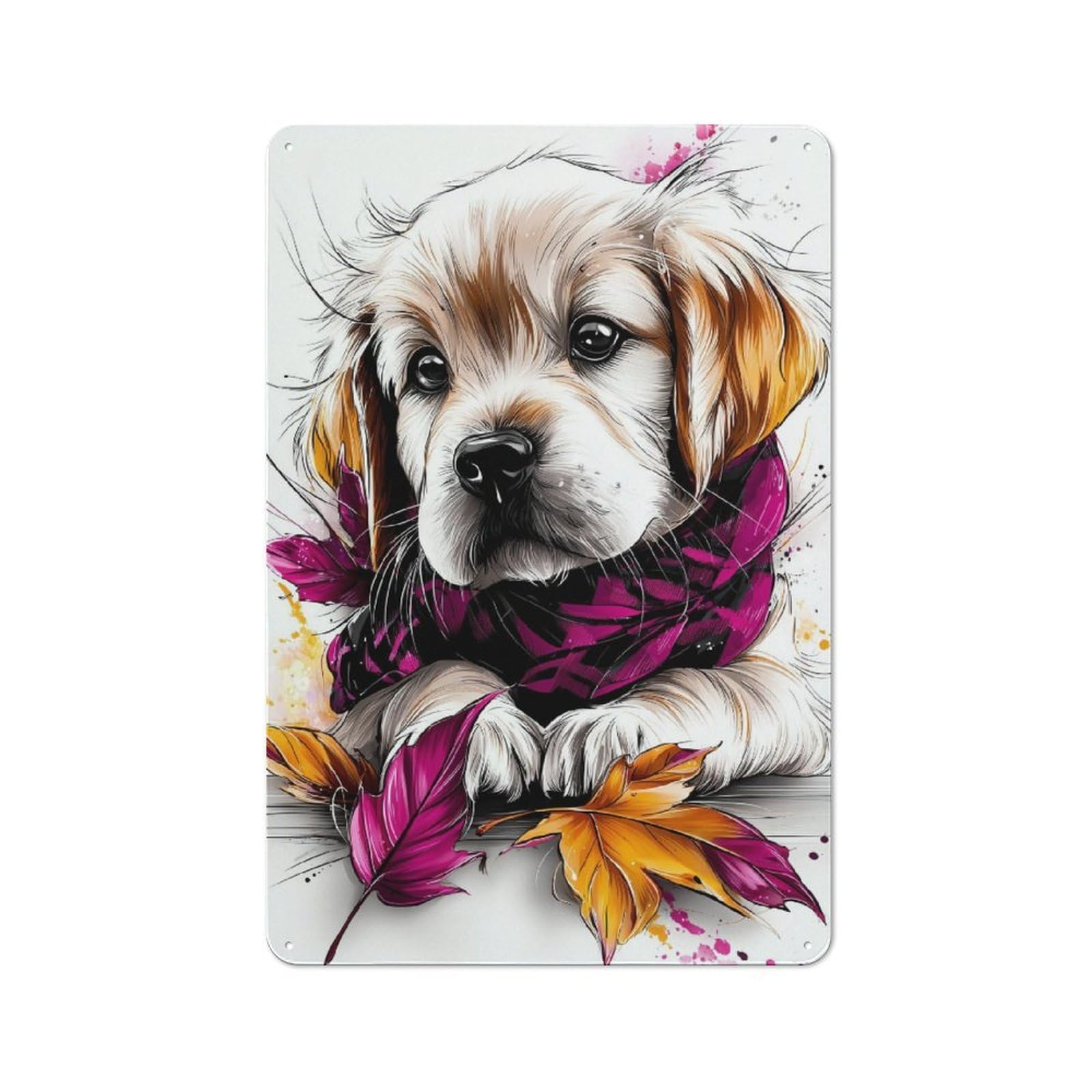 Junmoney Cute Puppy With Scarf And Leaves Vintage Metal Plaque 30X20cm Featuring For Home Bar Wall, A Metal Wall Feature For Home Bars And Entertaining Spaces