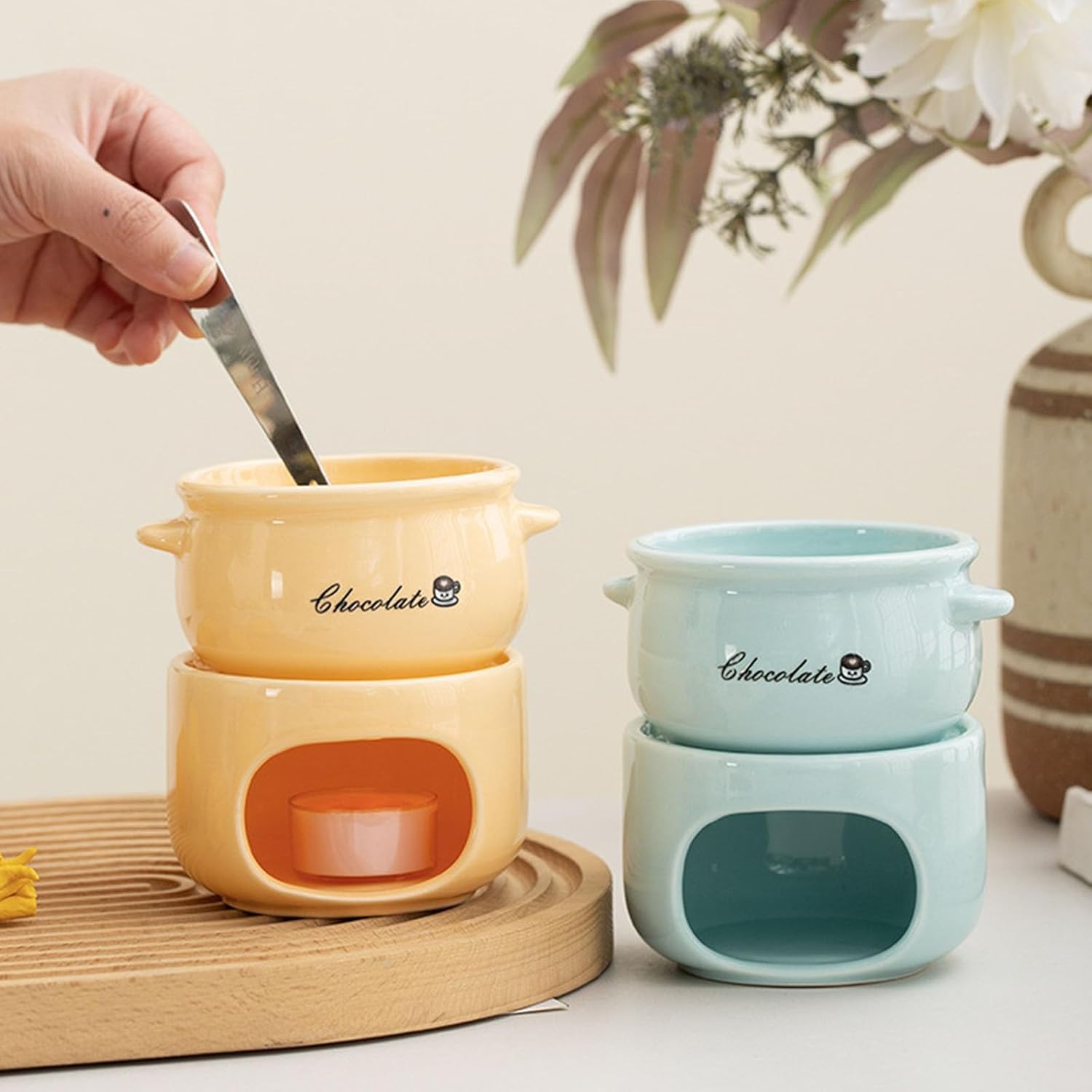 ordinarYone Ceramic Chocolate Pots with Heating Base for Smooth, Uniform Fondue for Baking and Dessert Making