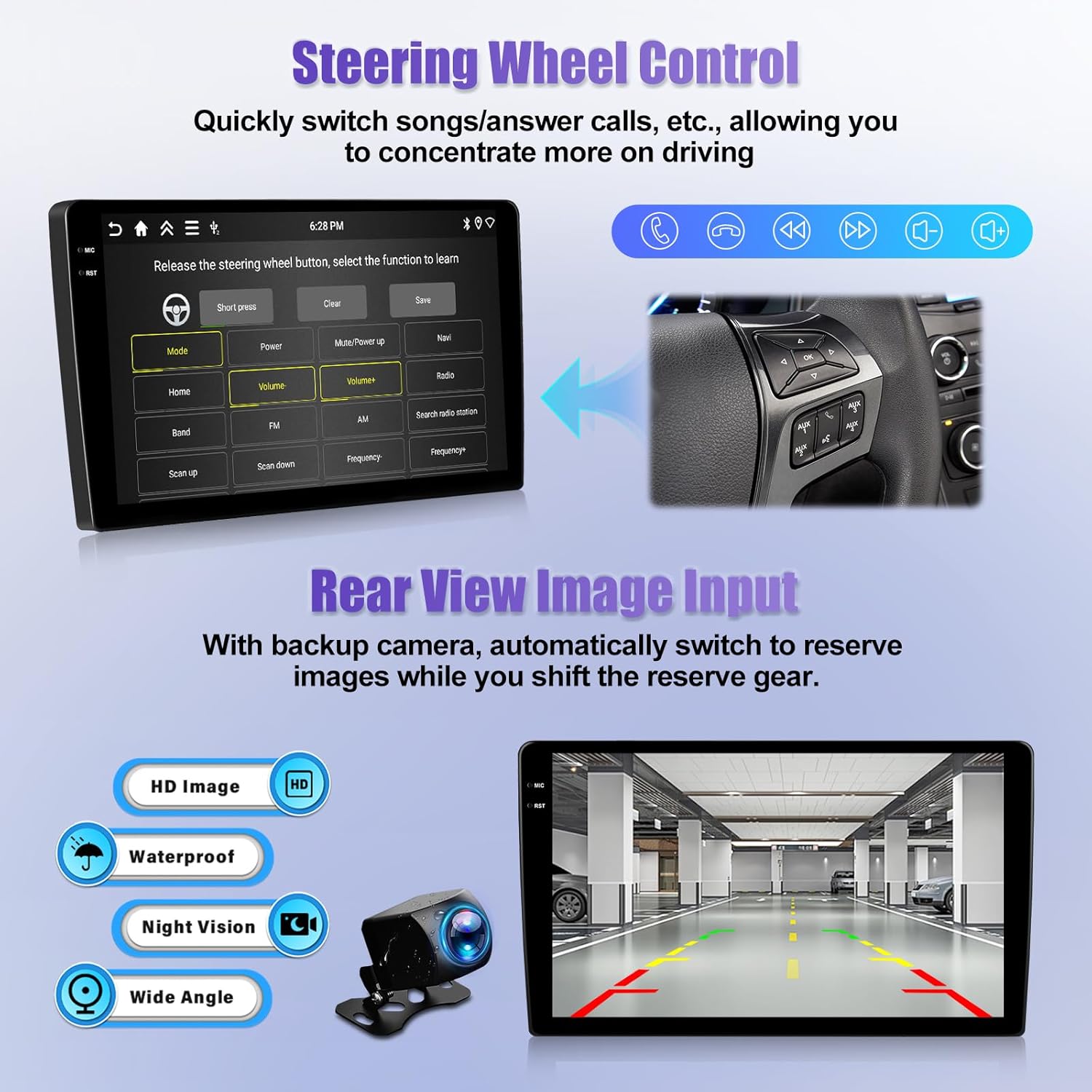 Screenshot of the CAMECHO Android Car Radio display showing Bluetooth hands-free calling, music playback, and FM/RDS radio interface.