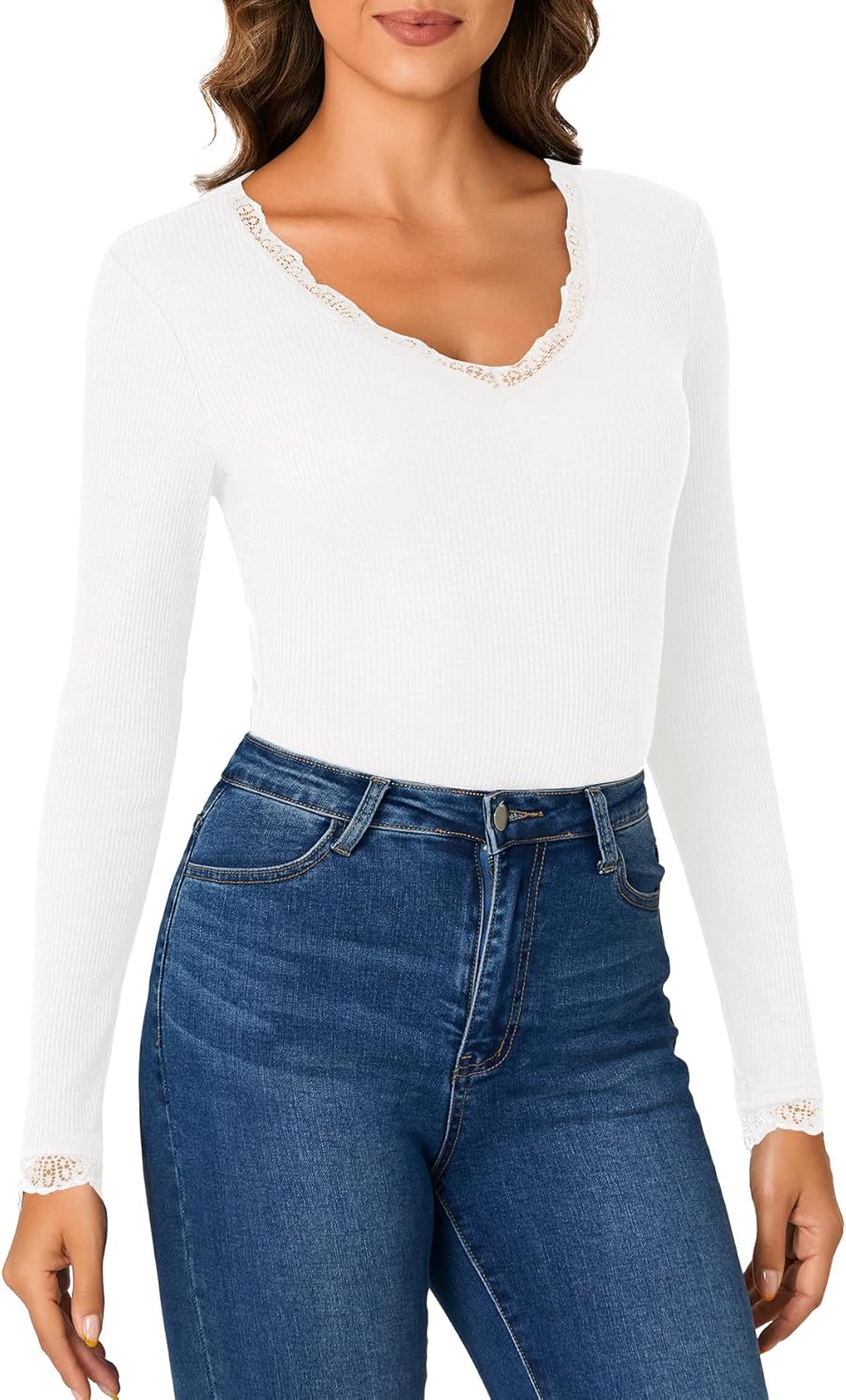 Vrtige Women's Casual Lace V Neck Long Sleeve Ribbed Fitted Blouse Shirt Top - Image 4