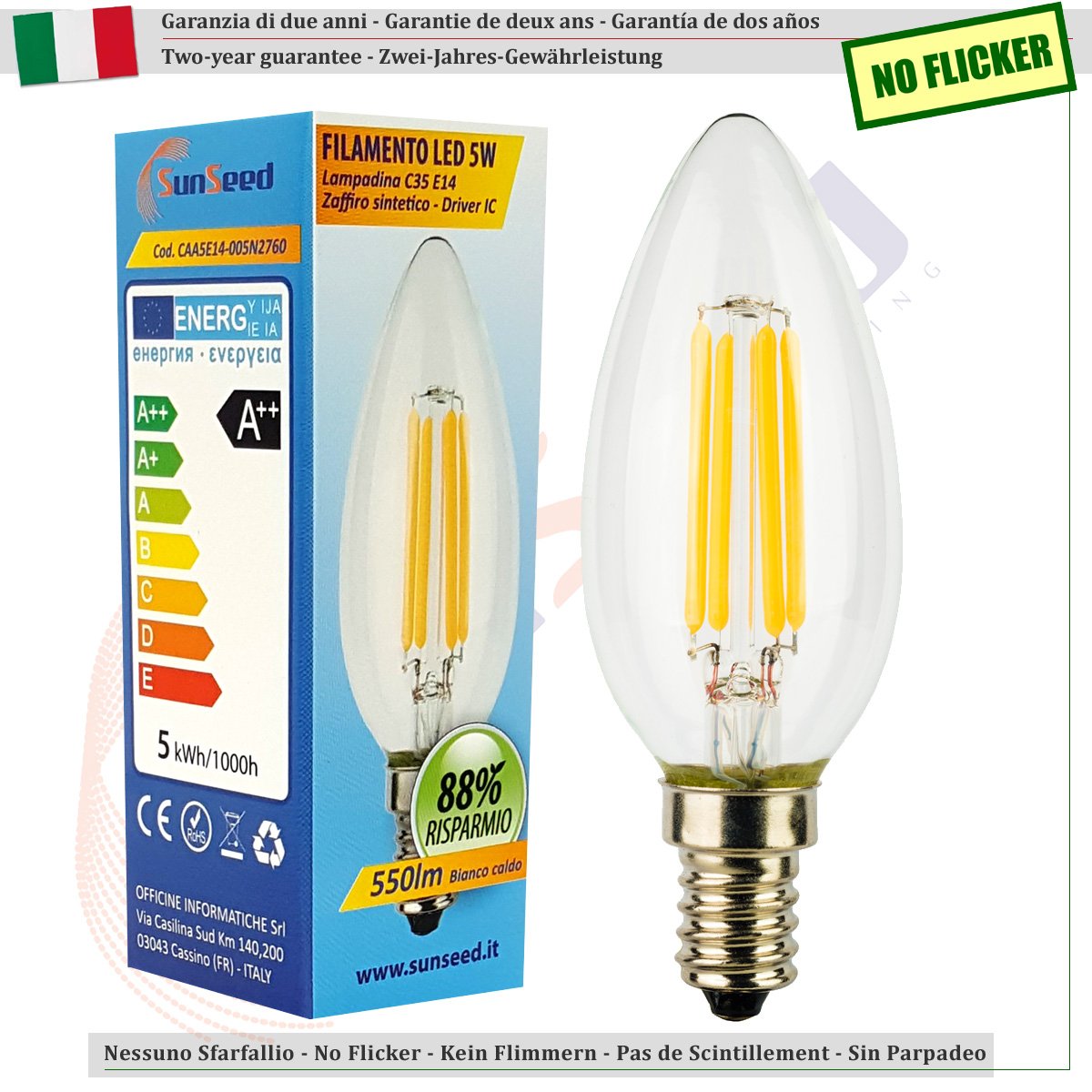 SUNSEED 4 X E14 5W (Equivalent to 48W) Sapphire Filament LED Candle Light Bulb C35 Warm White 2700K, Pack of 04 - Warm White 2700k - Image 2