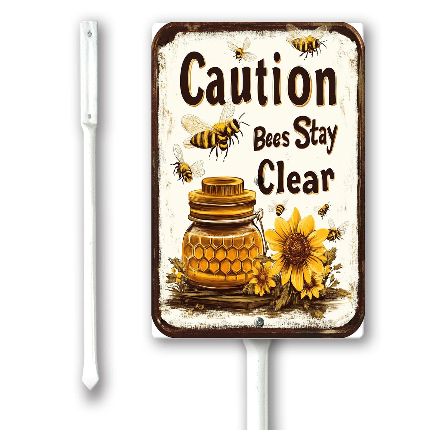 Geroclonup Caution Bees Stay Clear Yard Sign With Stakes 17.5x22cm,Aluminum Sign for Home Farm Decor Outdoor Street Warning Signs, Weatherproof Easy Install Set of 1