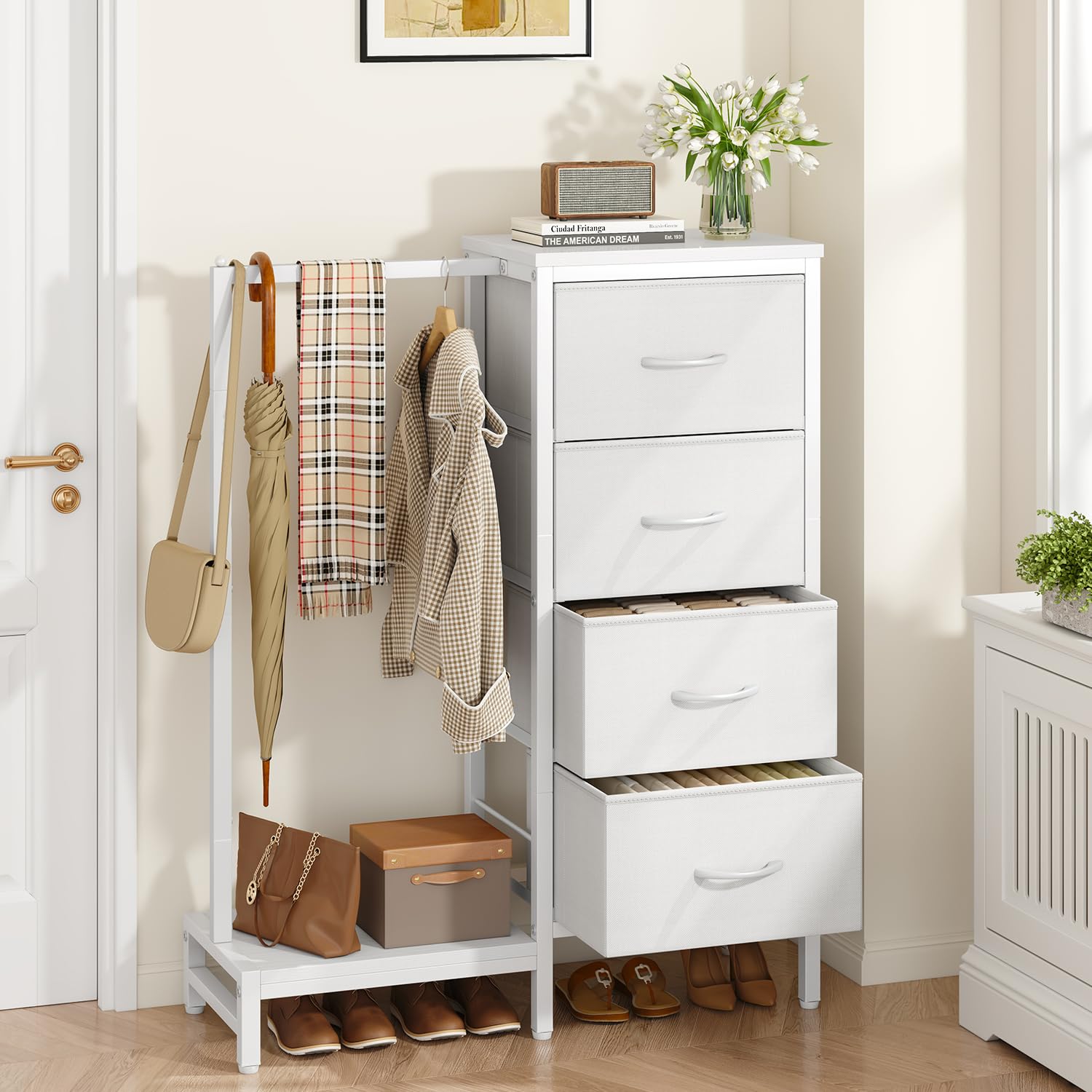 YMYNY Porte-Manteau Commode Blanche avec 4 Tiroirs en Tissu HGR006W