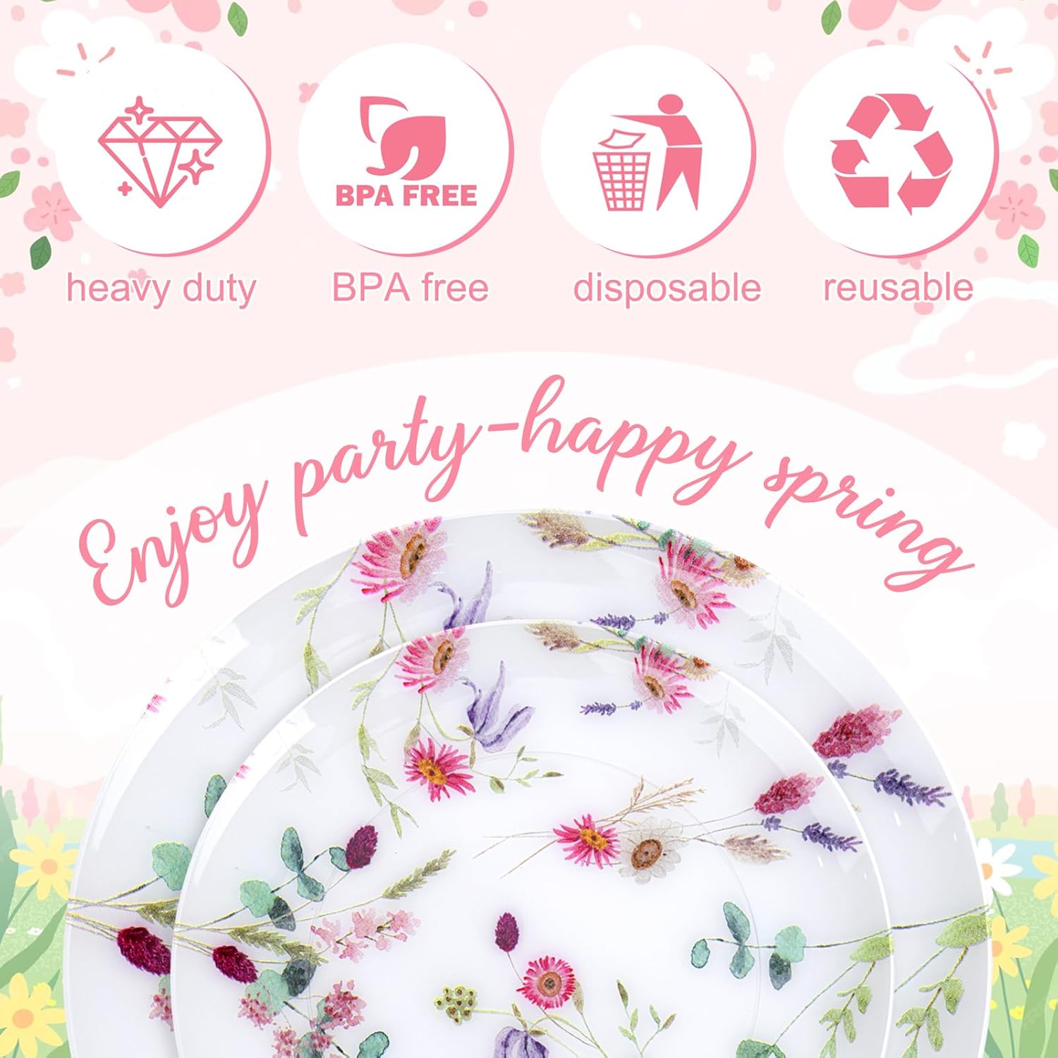 LIYH 32 Pcs Floral Plates Set Heavy Duty Plastic Plates Spring Pink Floral Plastic Plate Elegant Wedding Baby Shower Flower Dinnerware Set - 10.25" Dinner & 7.5" Dessert Plate - Image 4