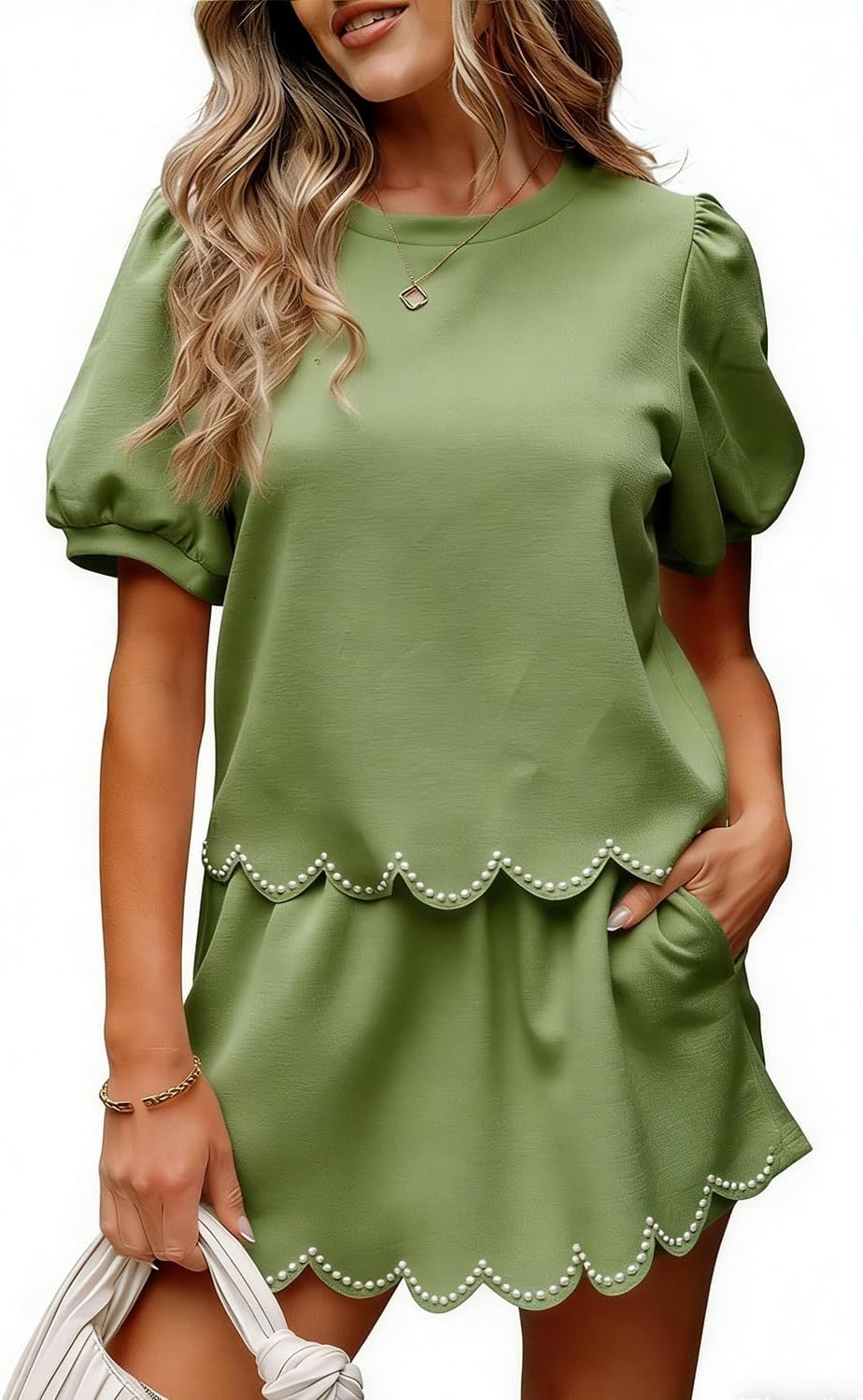 MARZXIN Womens 2 Piece Skort Set Puff Sleeve Pearl Embellished Scallop Trim Shorts Set Comfy Lounge Set Casual Summer Outfit