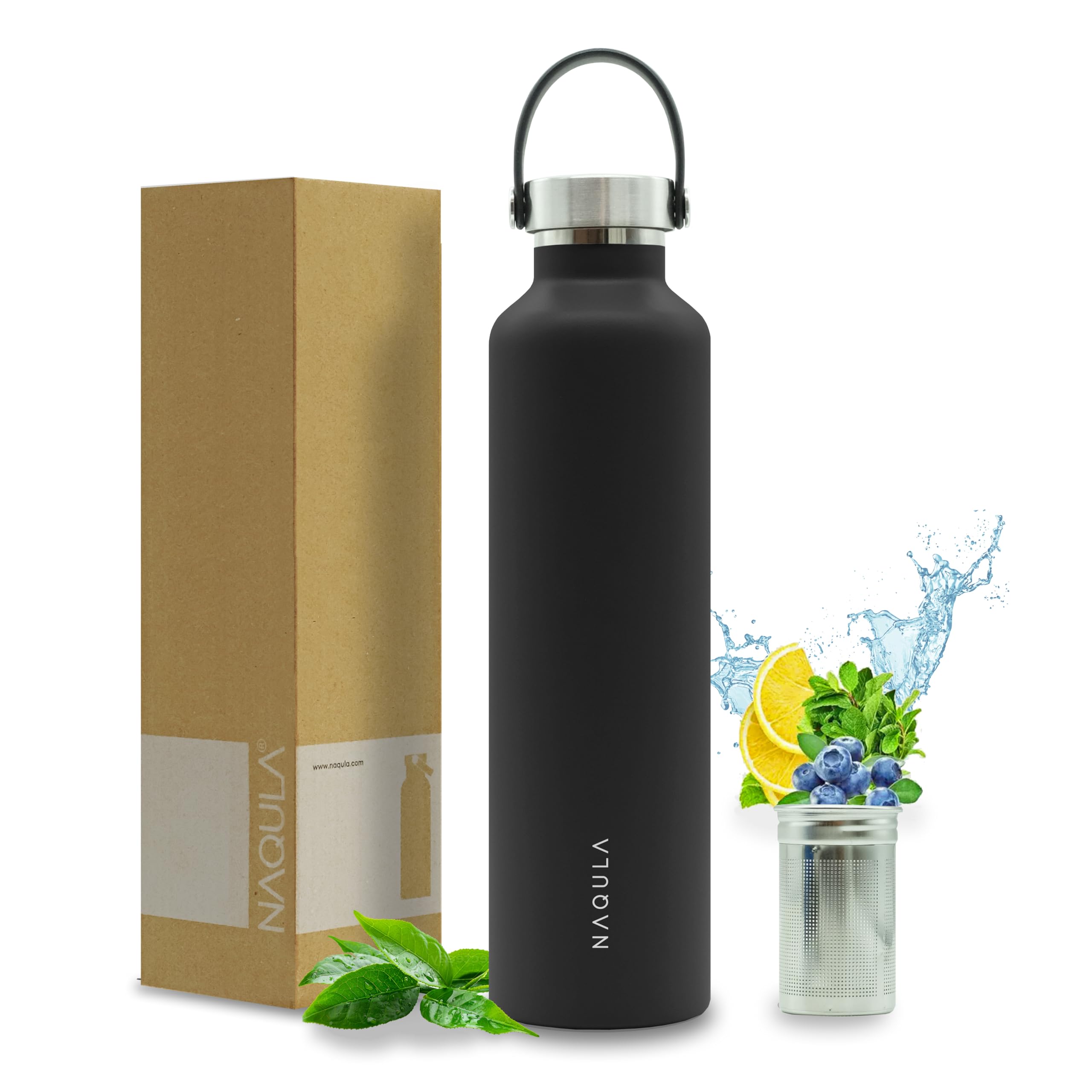 Termo NAQULA con asa y colador extraíble para té o frutas. Botella de acero inoxidable a prueba de fugas, apta para bebidas carbonatadas, termo caliente y frío (negro, 1000 ml)