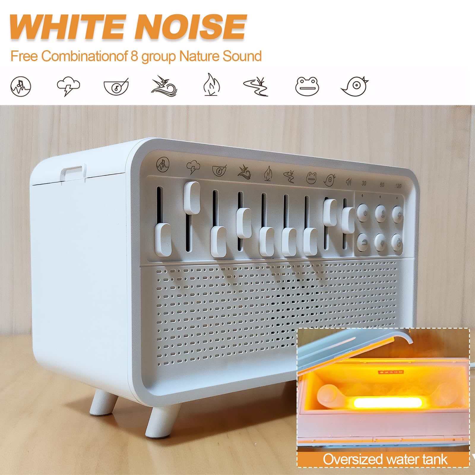 Bulora Humidificateur à bruit blanc avec 8 sons de la nature, boîte à son avec diffuseur d'arômes et flamme de simulation pour adultes à la maison et au bureau