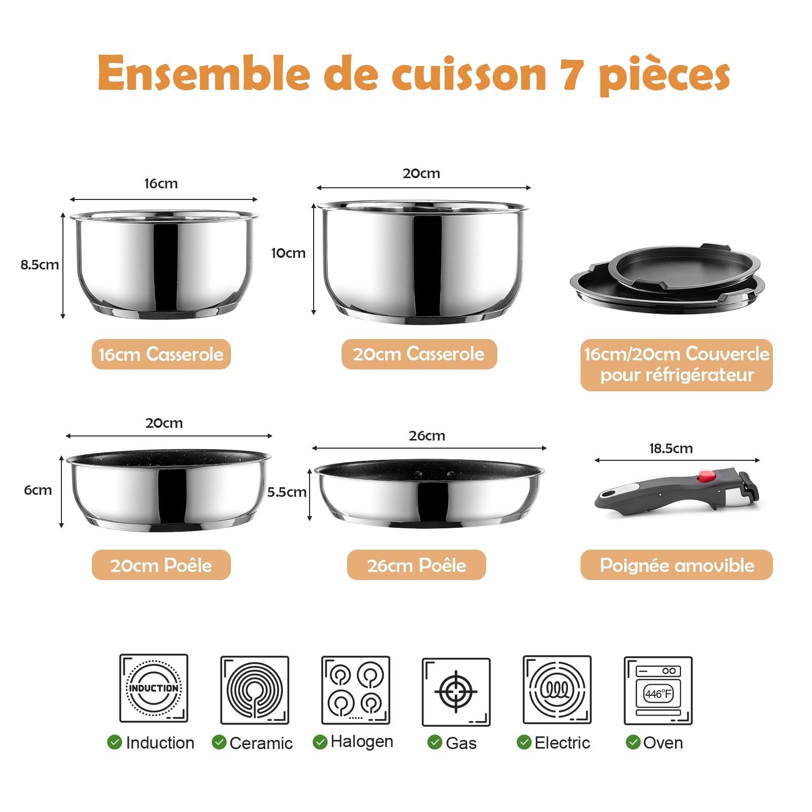 ROSSETTO Batterie de cuisine 7 pièces induction inox poele Set de casseroles avec poignées amovibles, poêle antiadhésive sans PFAS de 20/26 cm et casserole de 16/20 cm, résistante au four