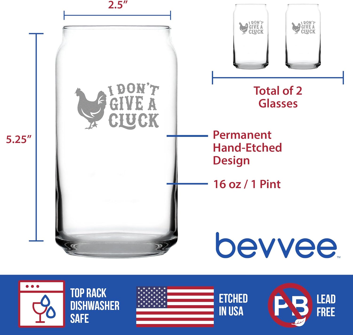 Don't Give a Cluck - Beer Can Pint Glass for Beer - Funny Chicken Gifts for Men & Women - Set of 2 - Unique Drinking Decor