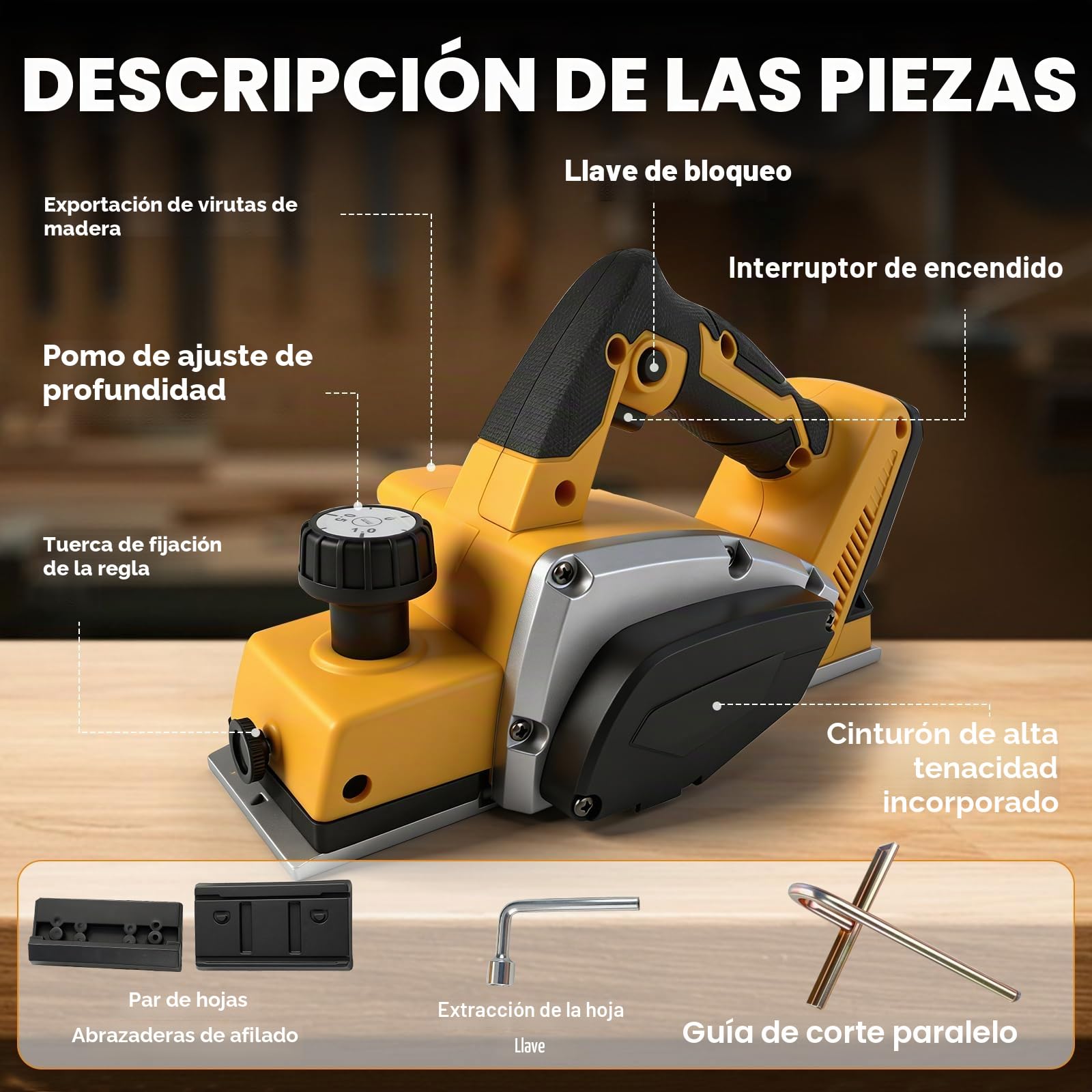Cepillo de mano inalámbrico para baterías Dewalt de 18 V y 20 V, 15000 rpm sin escobillas, con ancho de corte de 82 mm, profundidad ajustable de 0-2 mm y bloqueo de seguridad para madera (solo